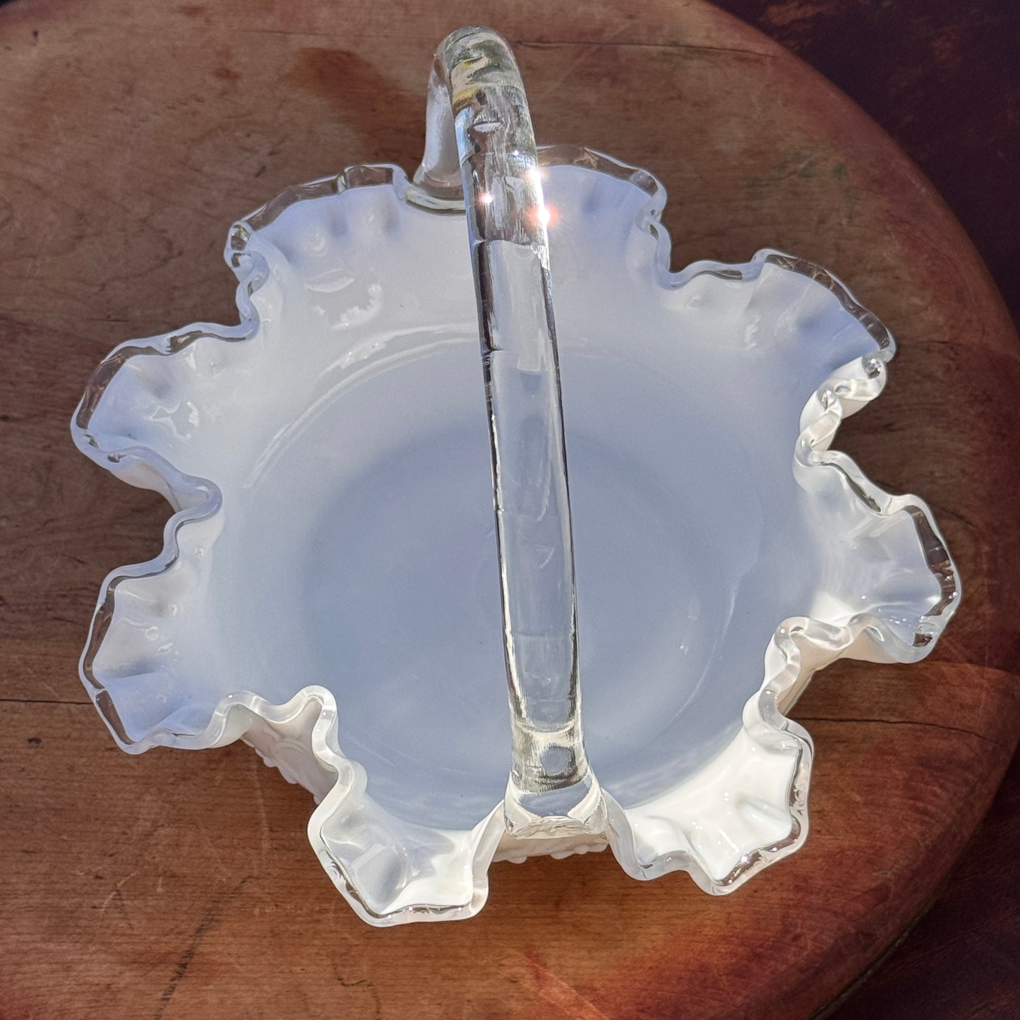 Vintage Fenton White Ruffled Silver Crest Spanish Lace Glass Basket