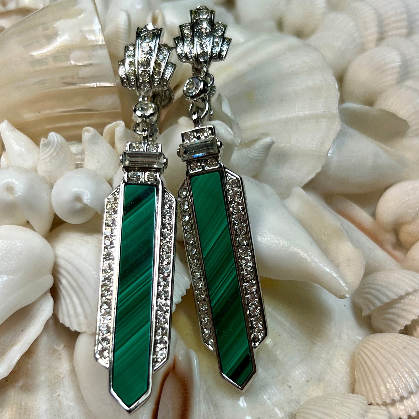 Vintage Yamada Tokyo Malachite & Rhinestone Dangling Earrings