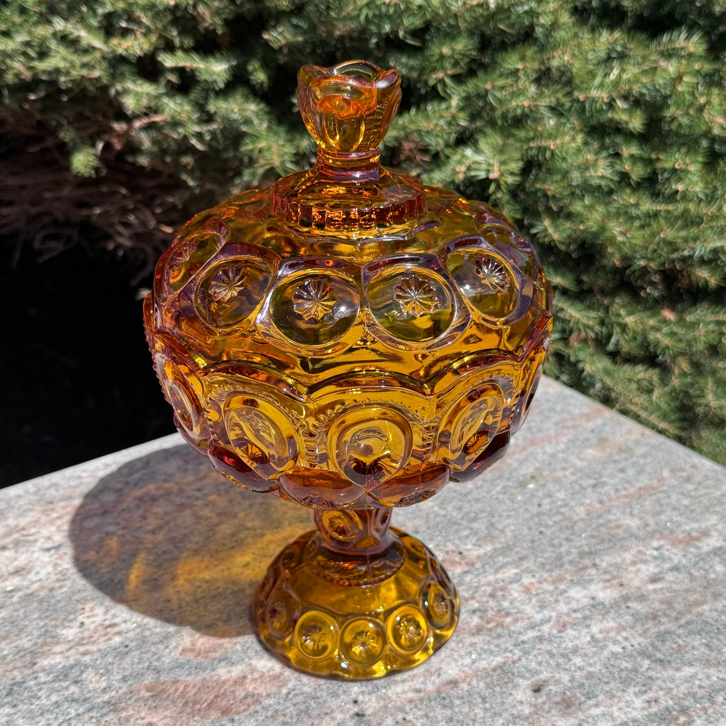 Vintage L. E. Smith Soft Topaz Moon and Stars Pedestal Covered Candy Dish