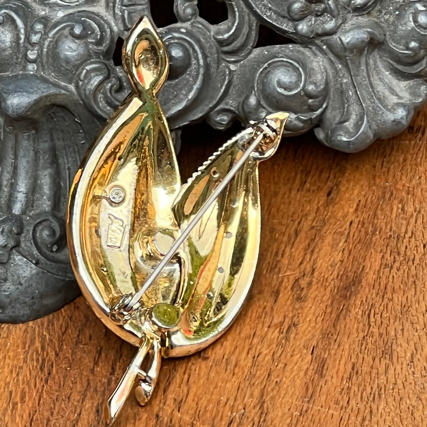Vintage Coro Pegasus Green & Clear Rhinestone Pin
