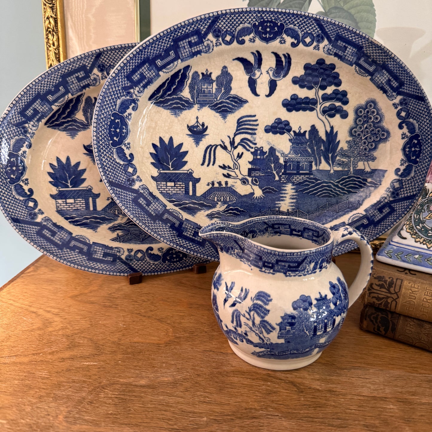Two Canton Blue Willow Japanese Oval Serving Plates & Ridgways English Creamer