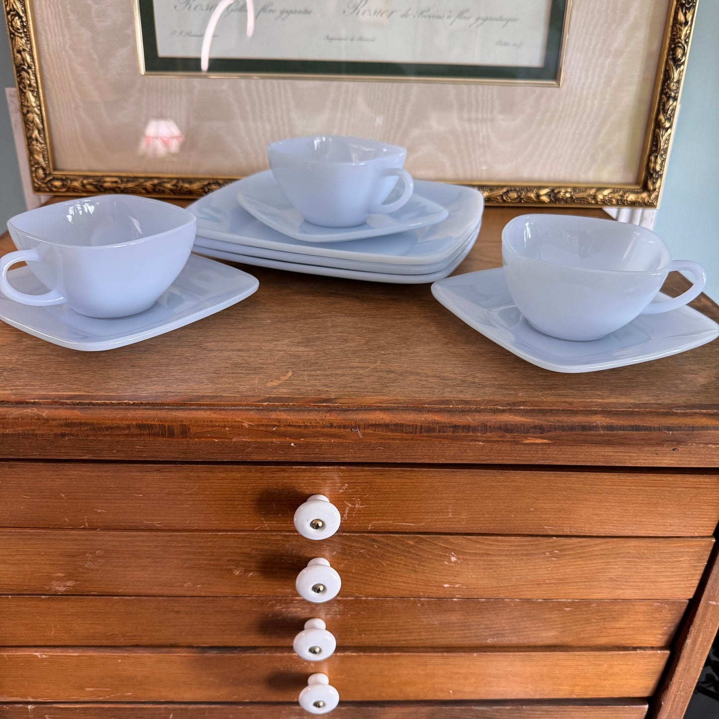 MCM Fire King Blue Azurite Three Tea Cups, Saucers and Salad Plates
