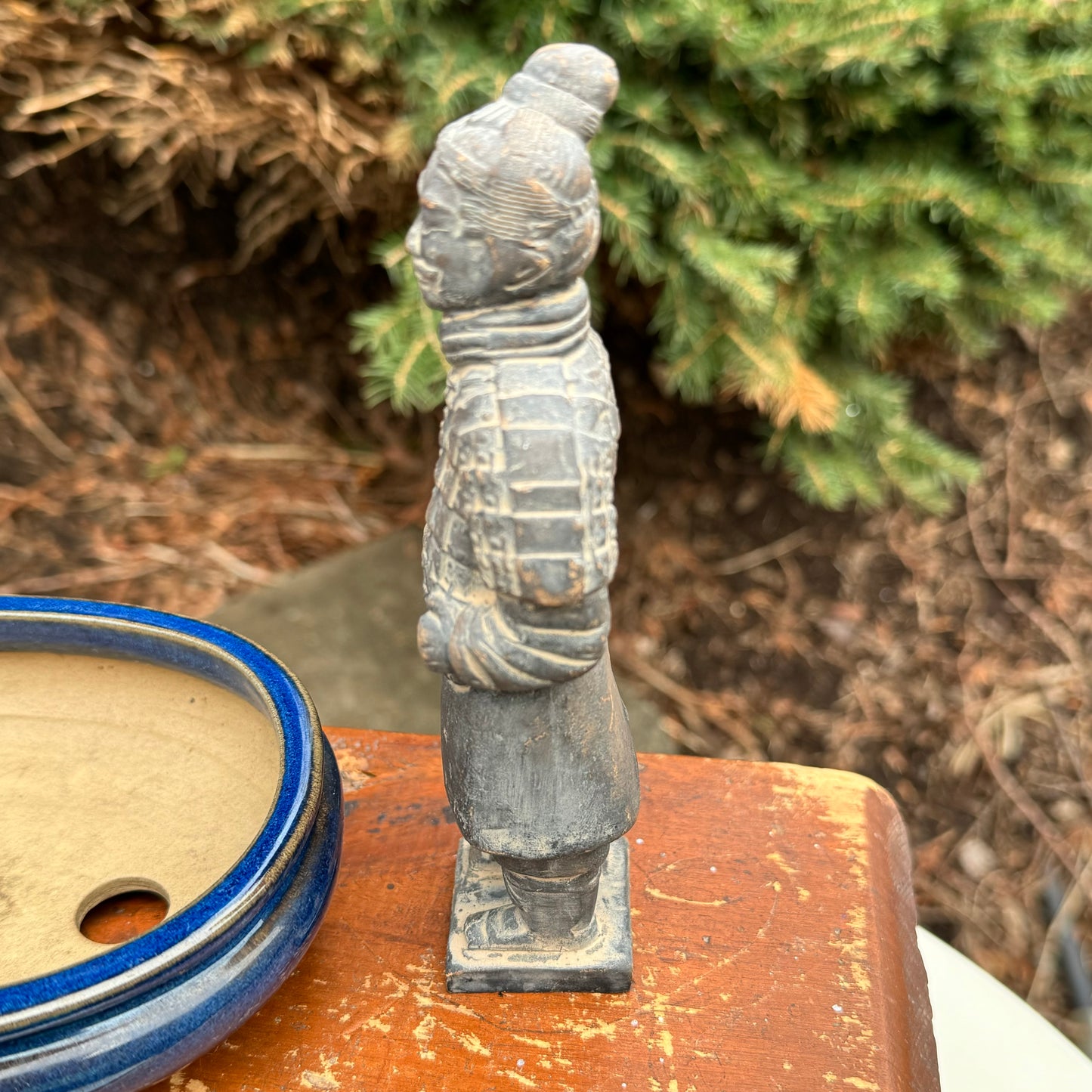 Japanese Oval Blue & White Bonsai Planter, Bonsai Postcard Book & Chinese Terracotta Clay Warrior