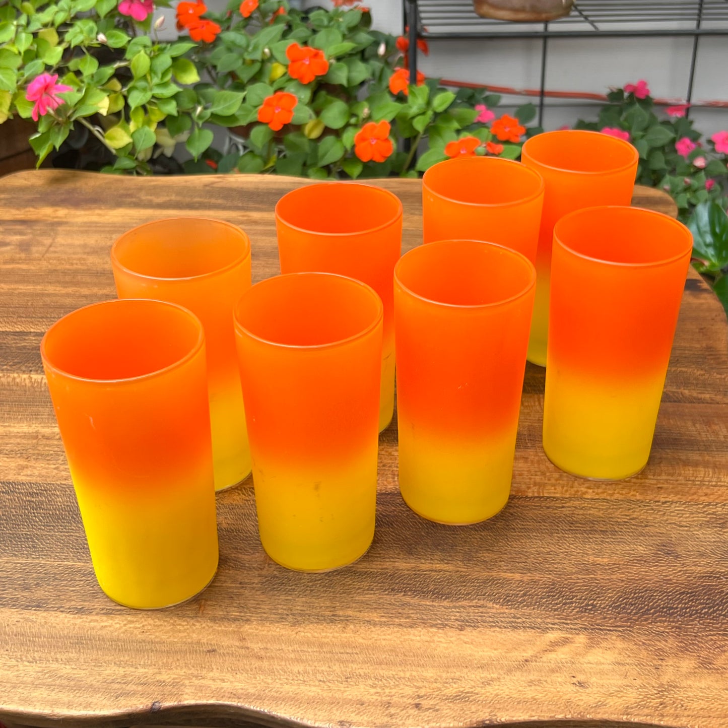 Eight Mid Century Modern Yellow & Orange Candy Corn Beverage Glasses