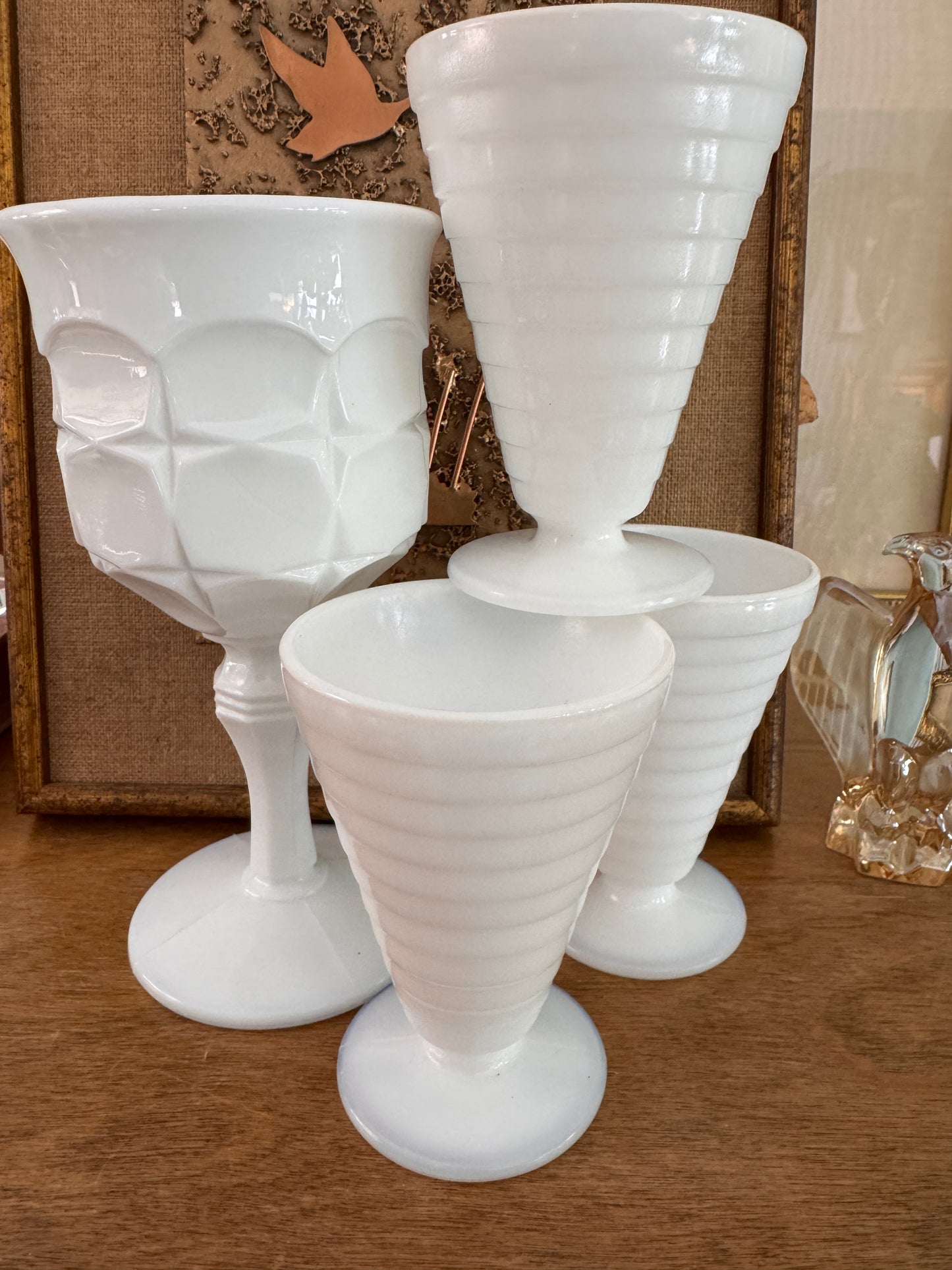 Indiana Constellation Milk Glass Goblet & Three Moderntone Platonic Glasses