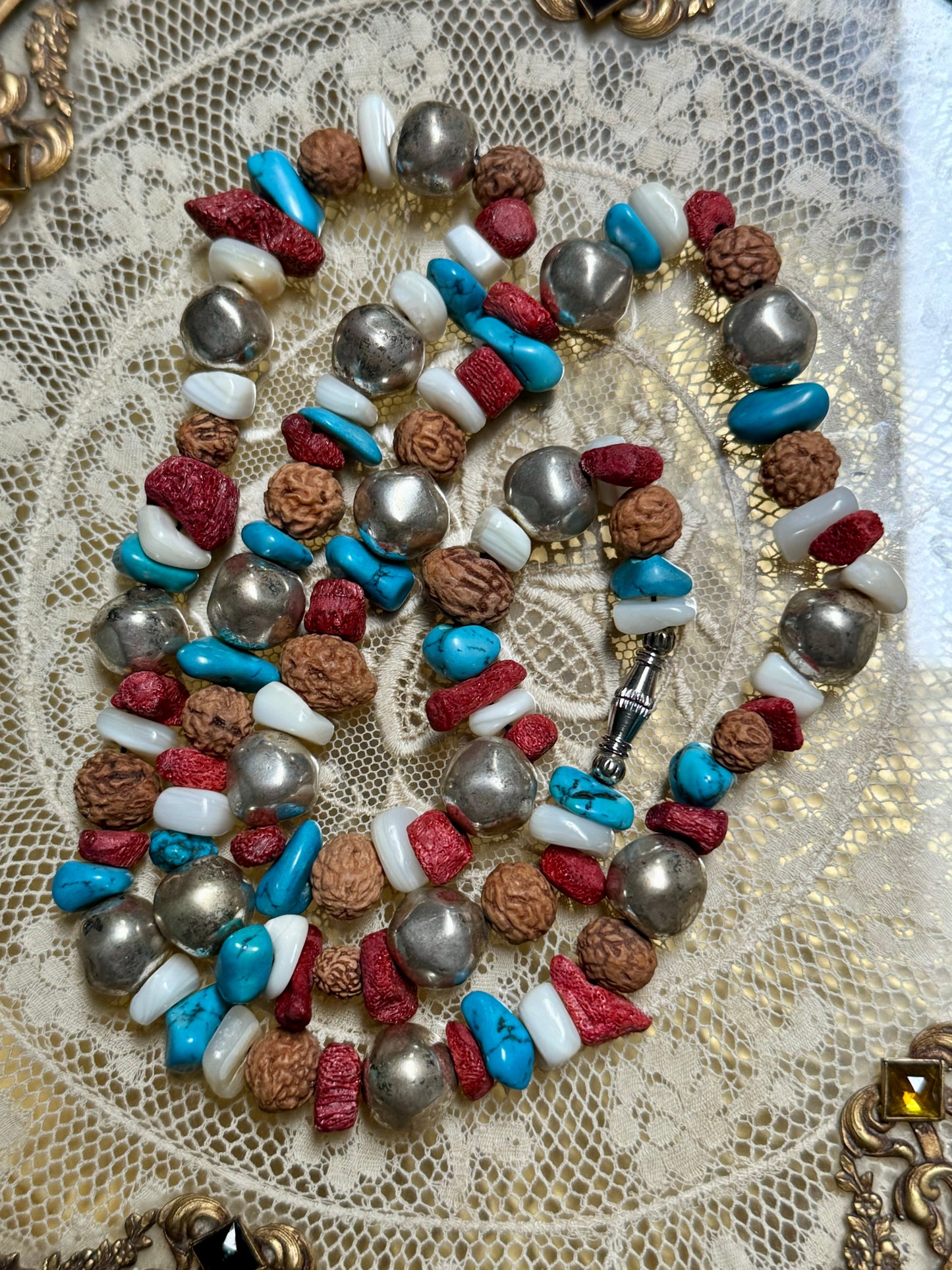 Vintage Turquoise, Red Branch Coral, Mother of Pearl, Silver & Nut Bead Necklace