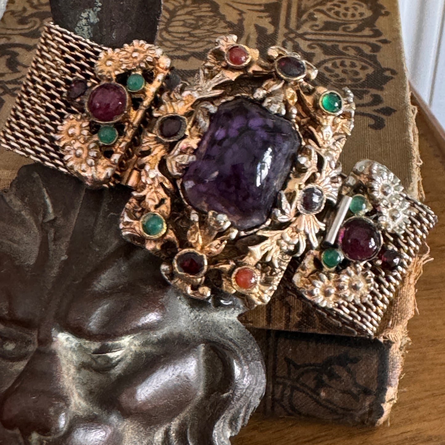 Vintage Czech Regal Purple Art Glass Cabochon Mesh Bracelet