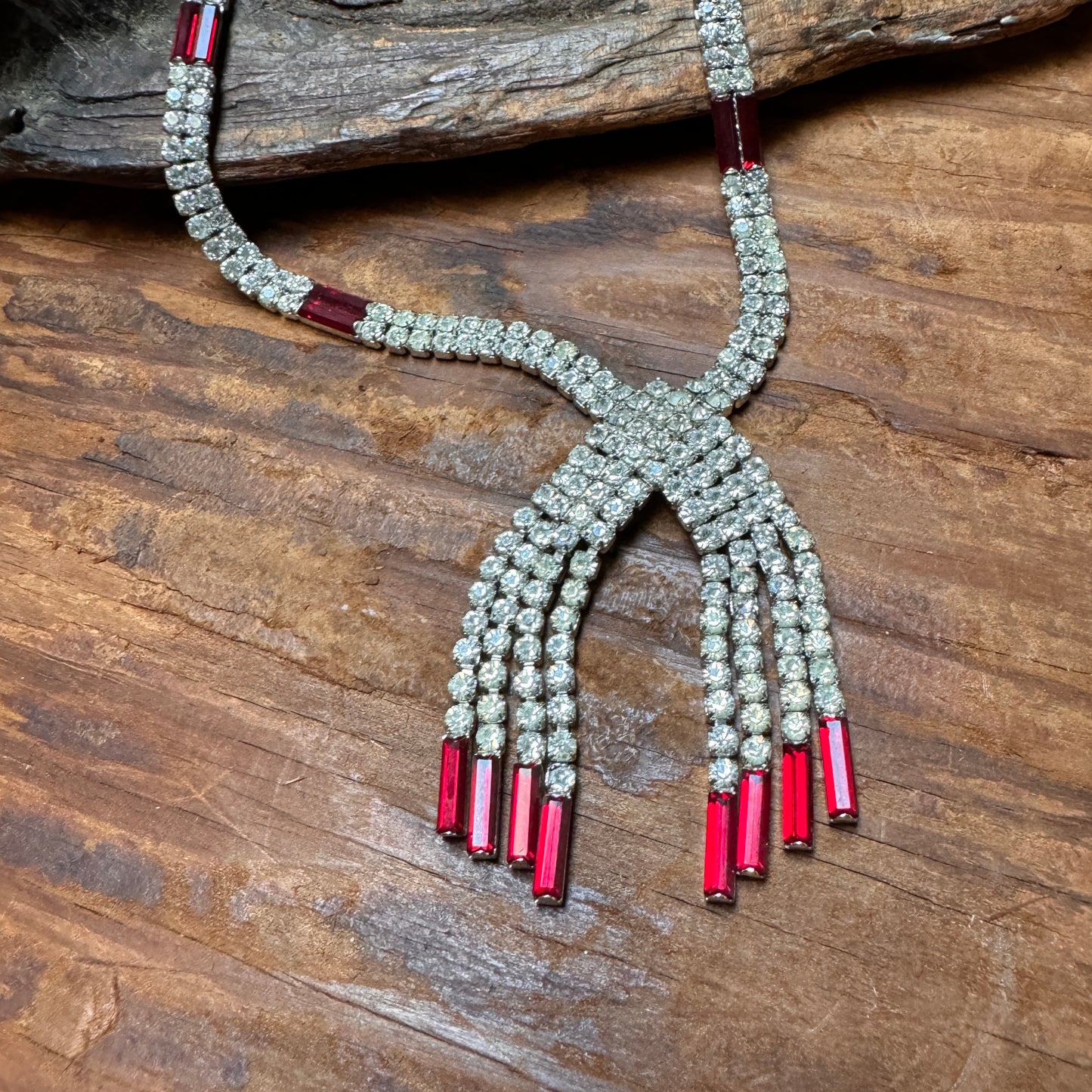 Vintage Clear & Red Multi Faceted Rhinestone Dangling Necklace