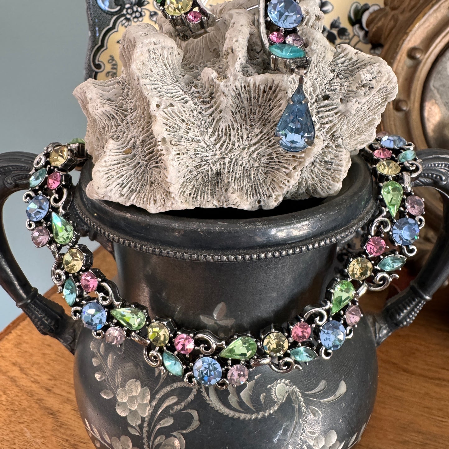 Vintage Lisner Pastel Rhinestone Necklace and Pin Set