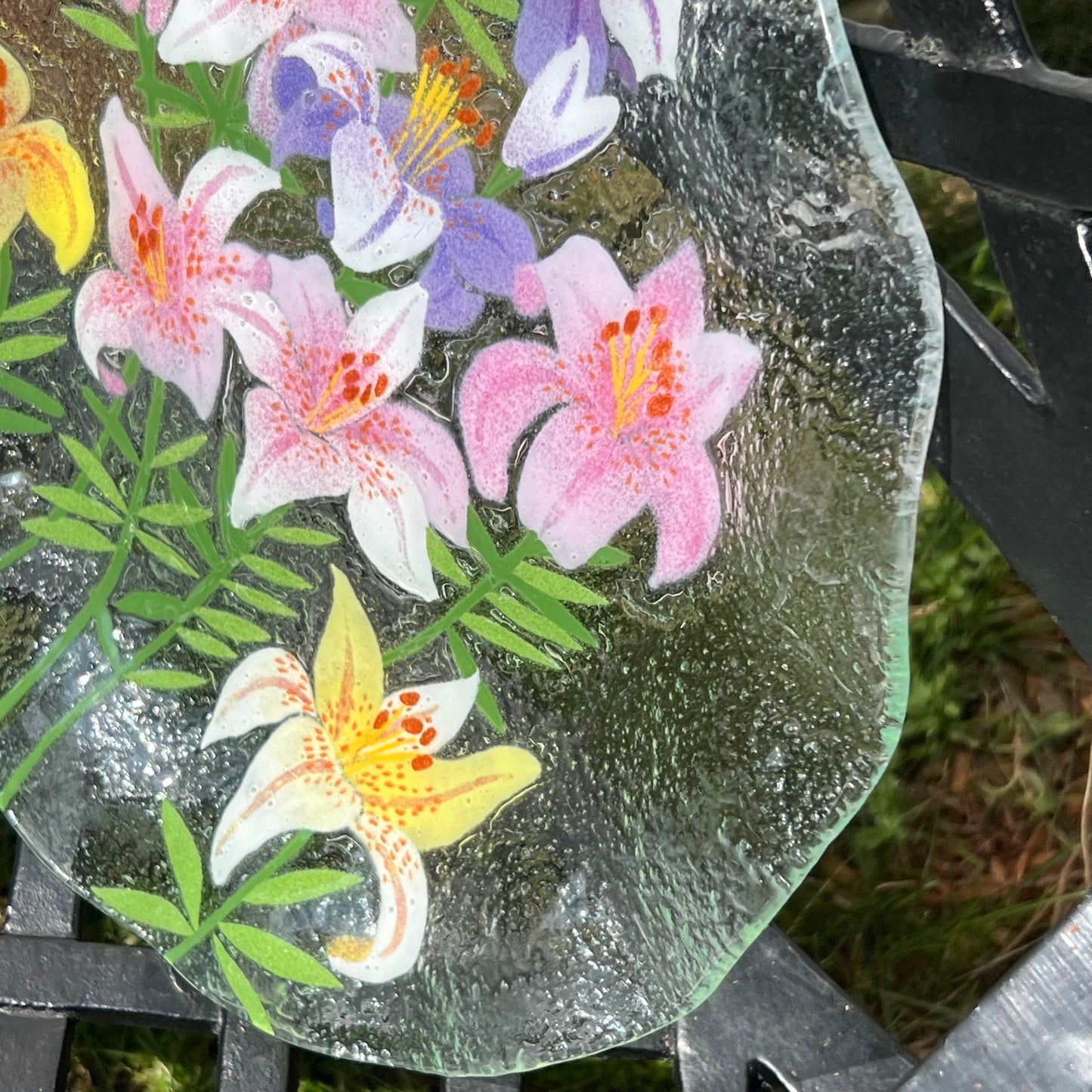 Fused Art Glass Lillies Ruffled Edge Round Serving Plate