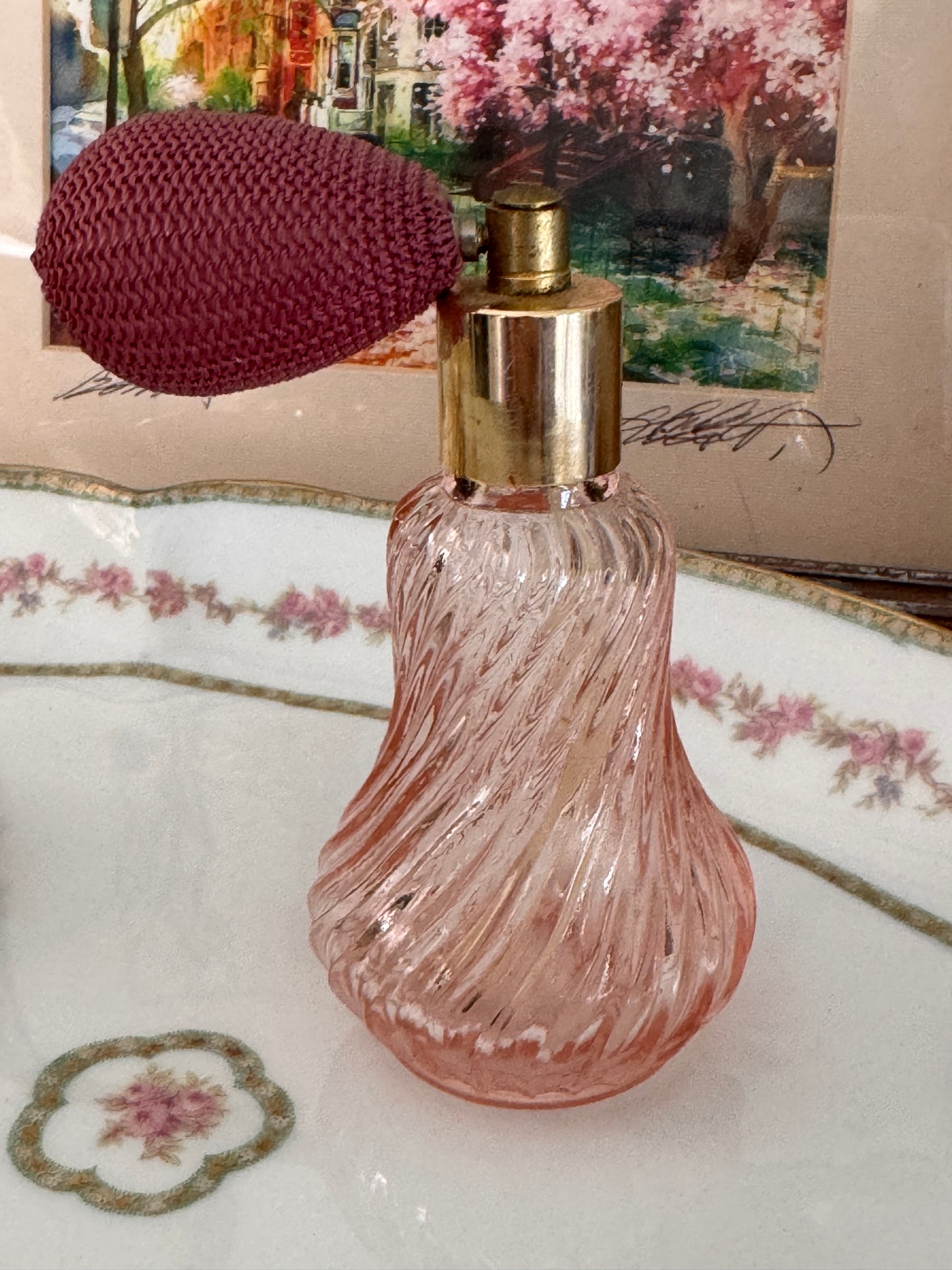 Vintage Pink Swirled Glass Perfume Atomizer Bottle