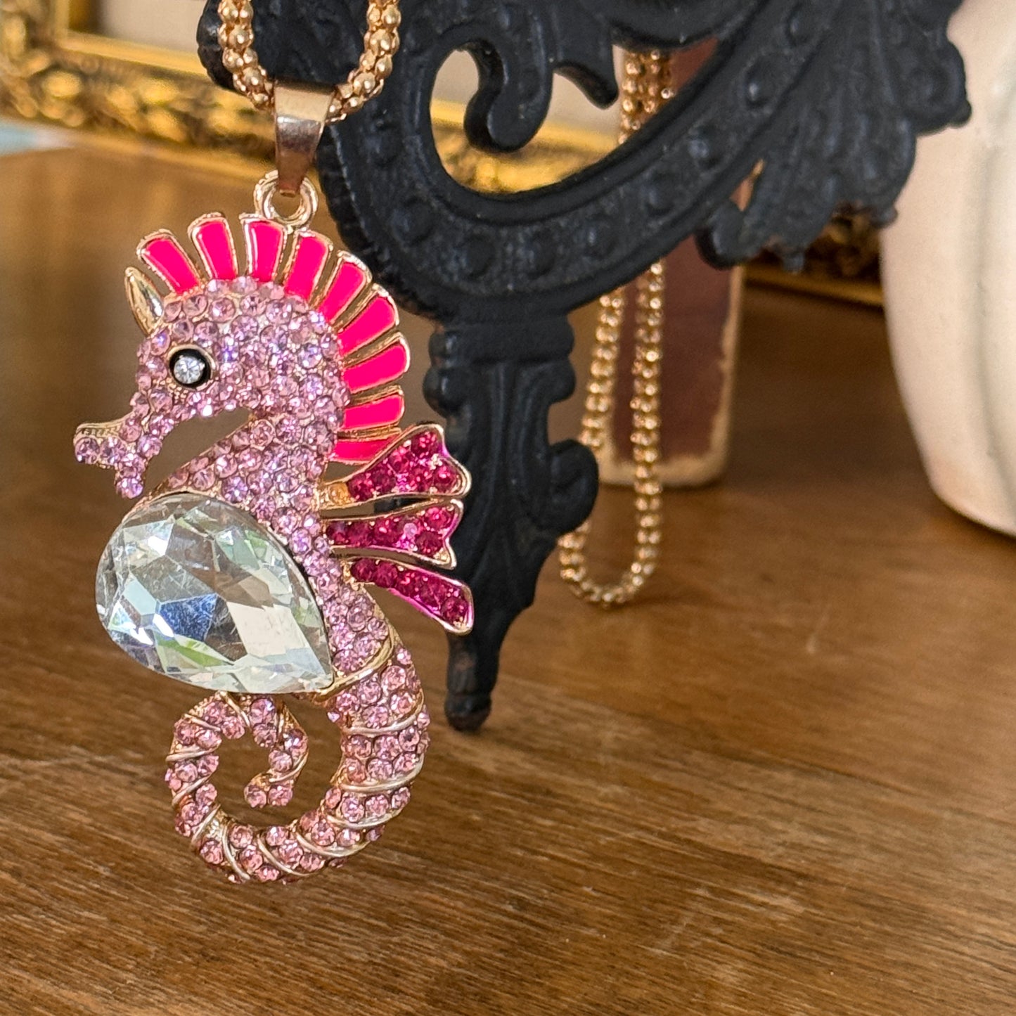 Betsy Johnson Pink Enamel Rhinestone Seahorse Pendant Necklace