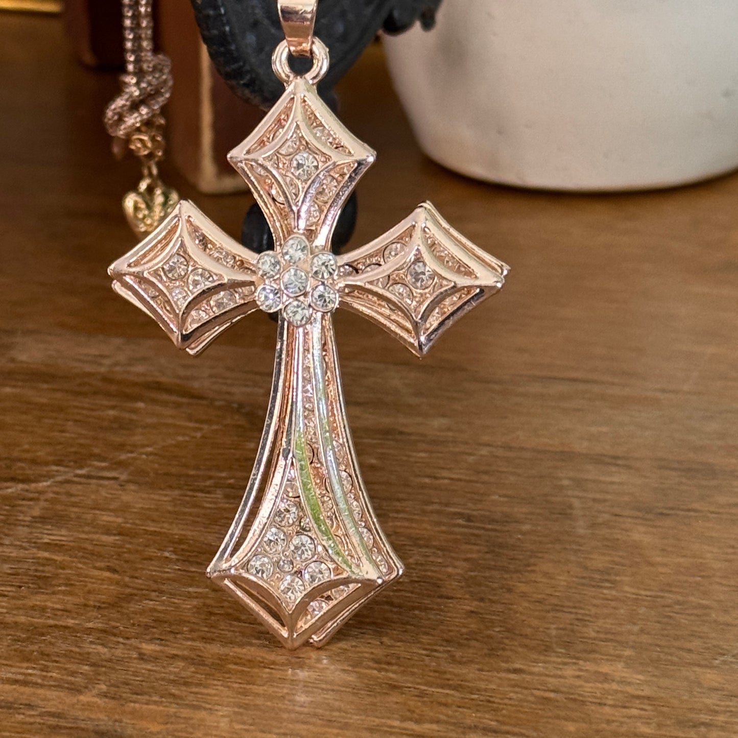Betsey Johnson Clear Multi Faceted Rhinestone Cross Necklace