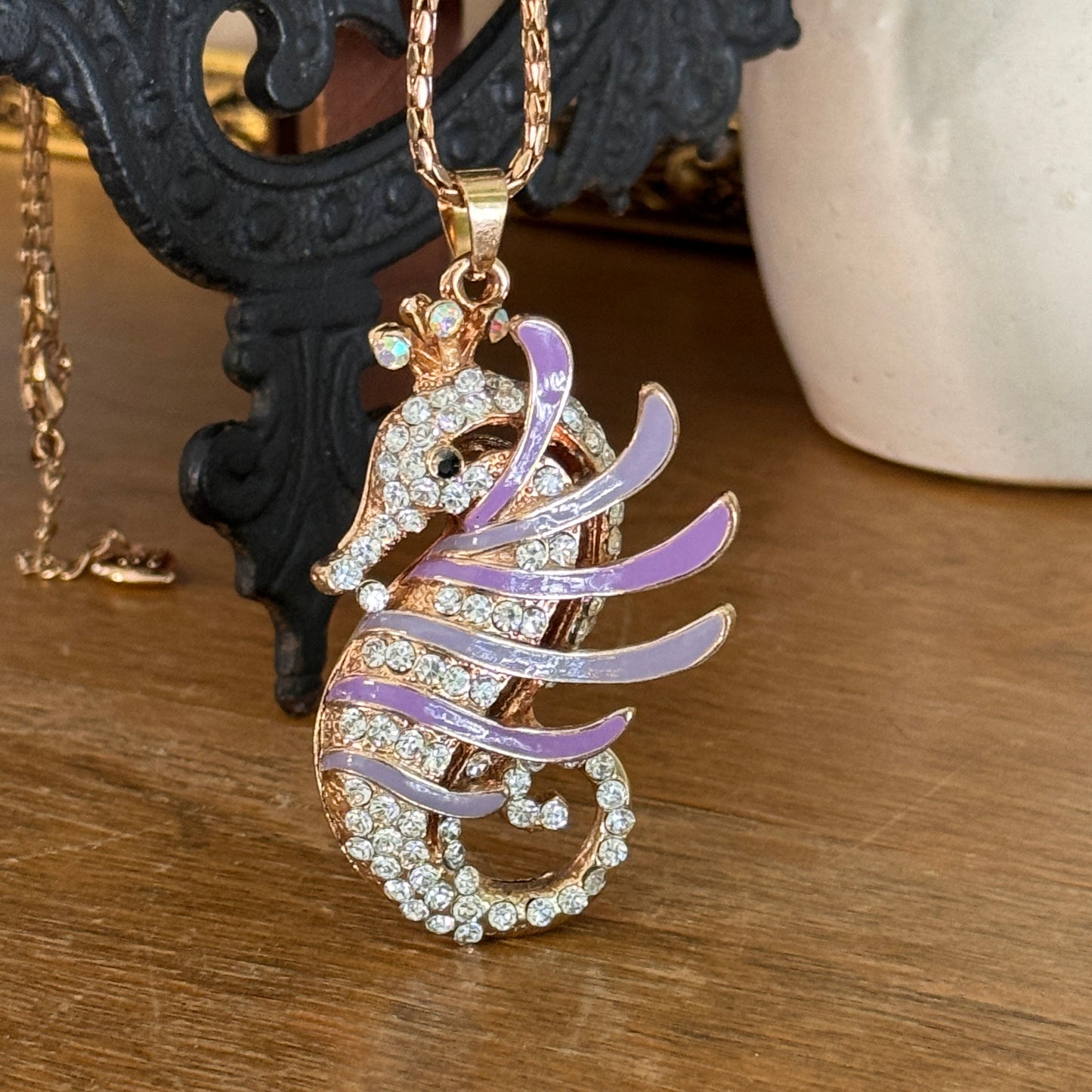 Betsy Johnson Lavender Enamel & Rhinestone Seahorse Pendant Necklace