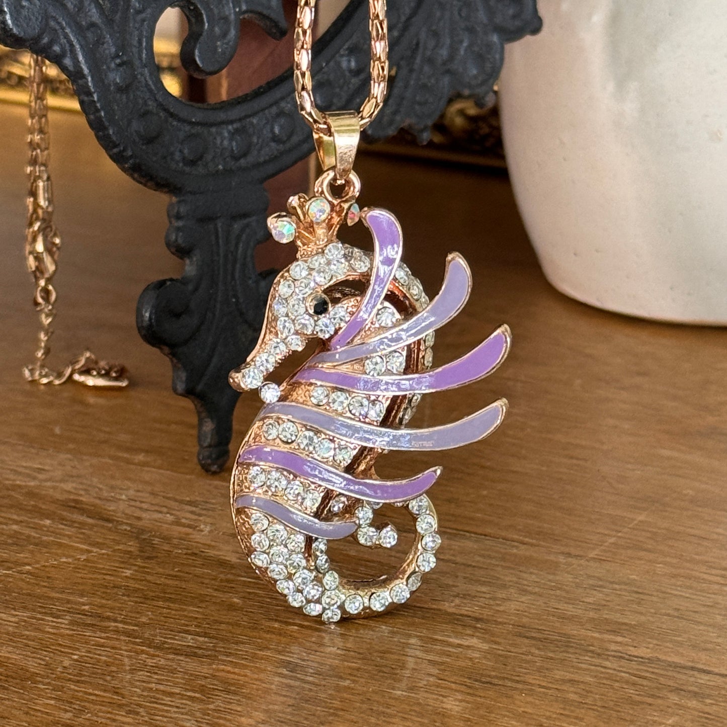 Betsy Johnson Lavender Enamel & Rhinestone Seahorse Pendant Necklace