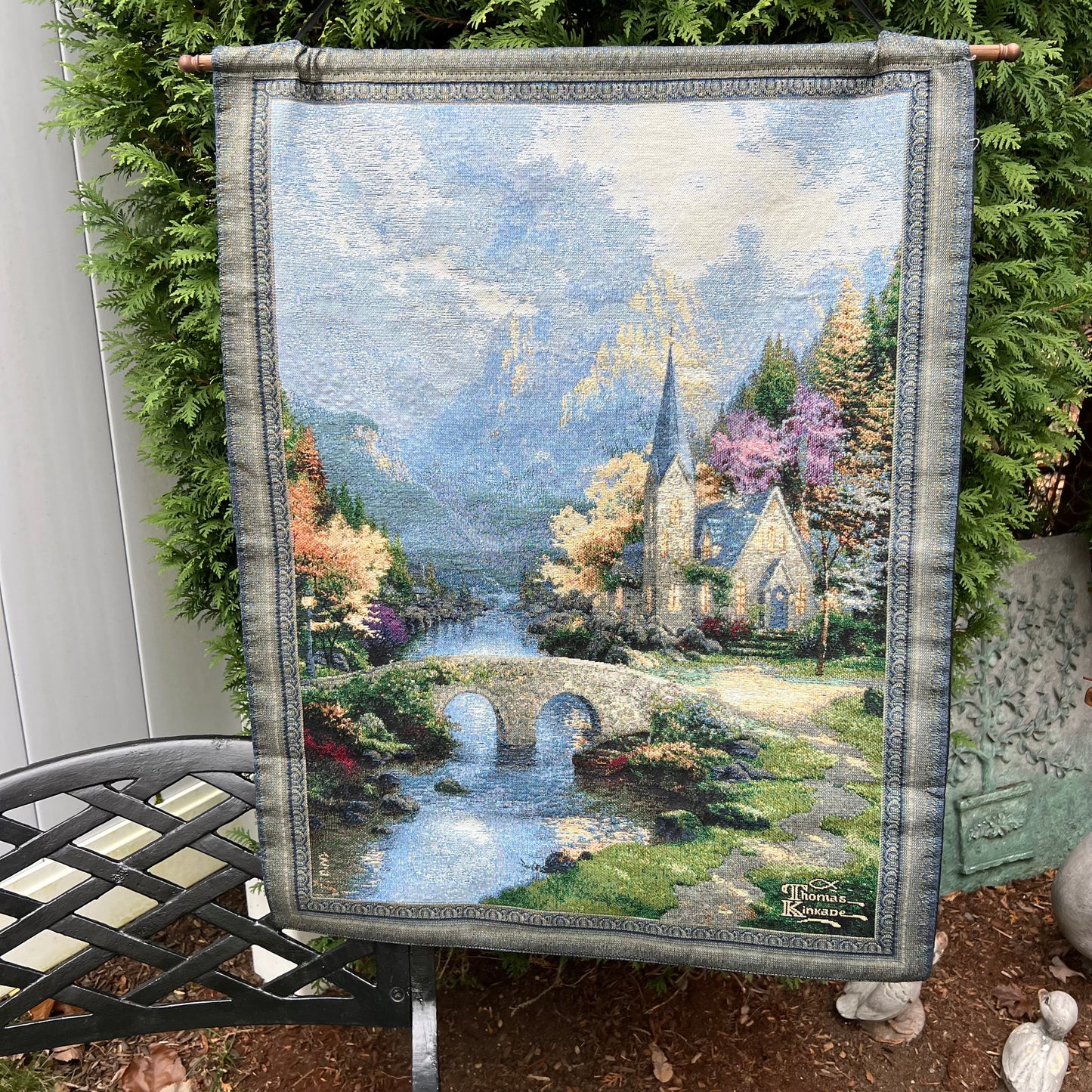 Vintage Thomas Kincade " The Mountain Chapel" Tapestry Wall Hanging 27" x 36"