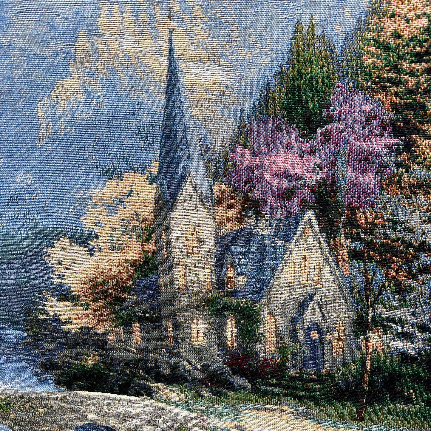 Vintage Thomas Kincade " The Mountain Chapel" Tapestry Wall Hanging 27" x 36"