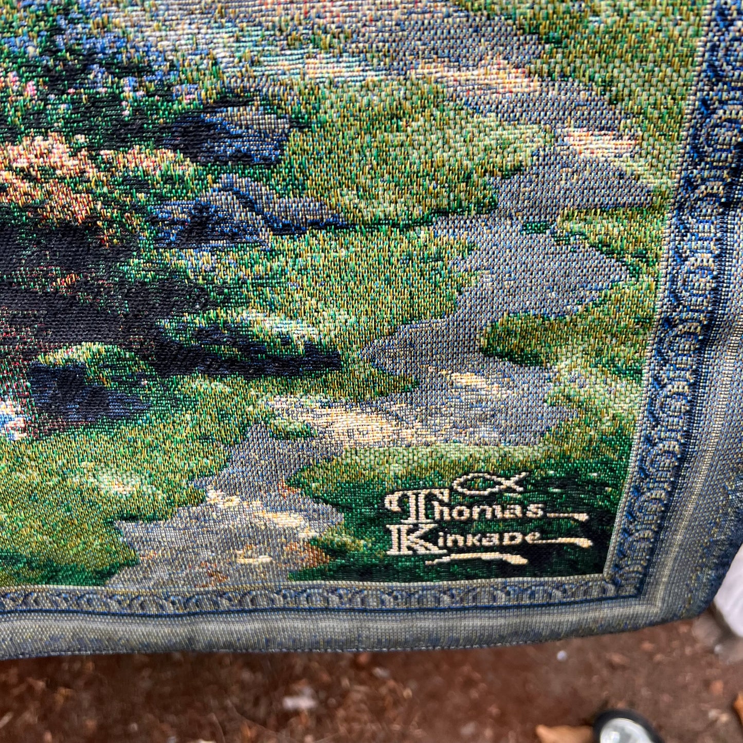 Vintage Thomas Kincade " The Mountain Chapel" Tapestry Wall Hanging 27" x 36"