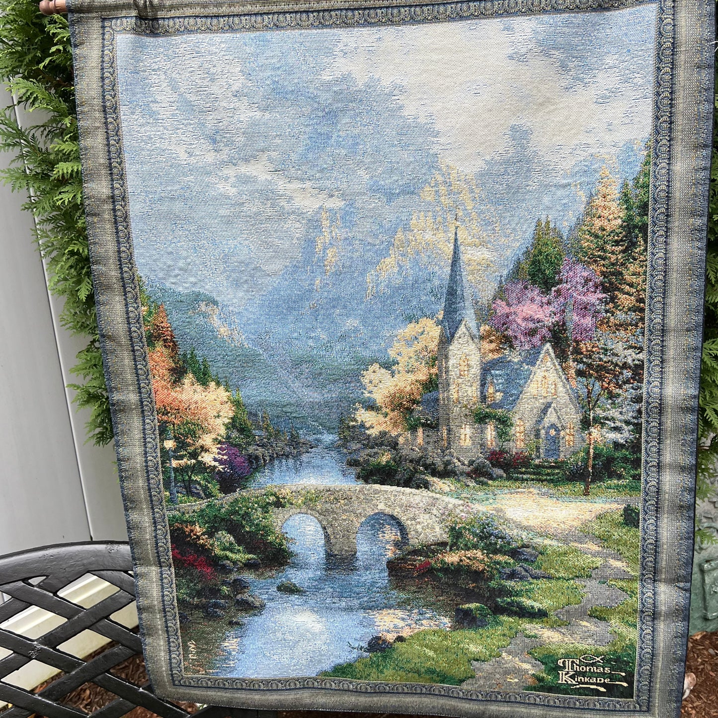 Vintage Thomas Kincade " The Mountain Chapel" Tapestry Wall Hanging 27" x 36"