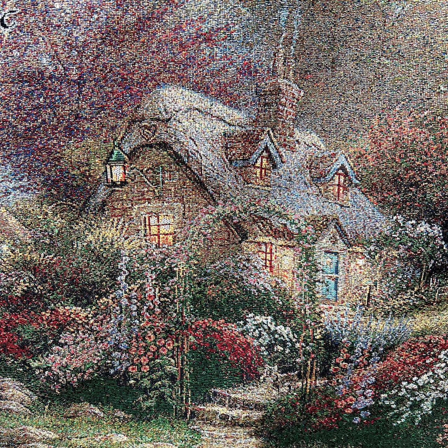 Vintage Thomas Kincade " Lamplight Bridge" Tapestry Wall Hanging 35" x 26"