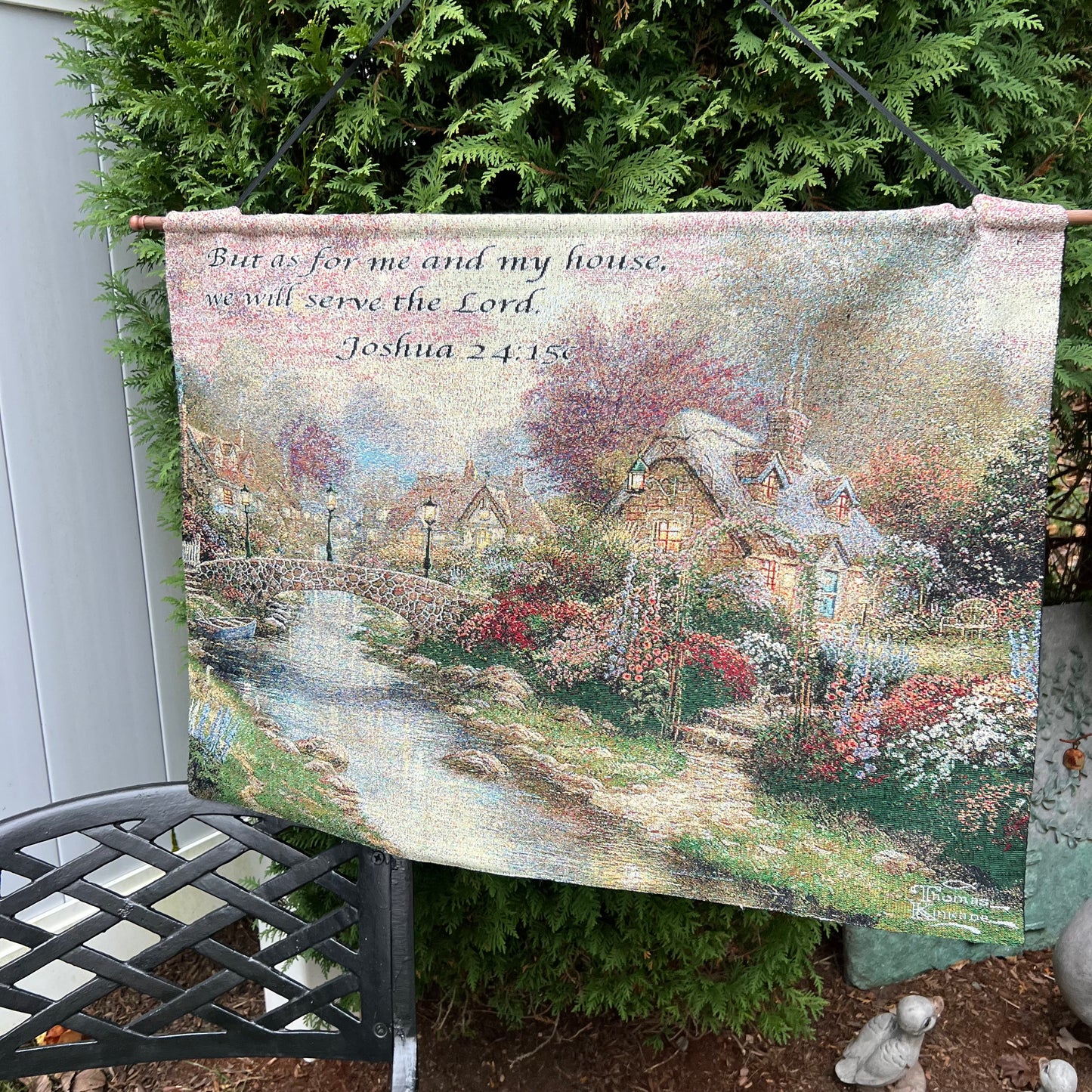 Vintage Thomas Kincade " Lamplight Bridge" Tapestry Wall Hanging 35" x 26"