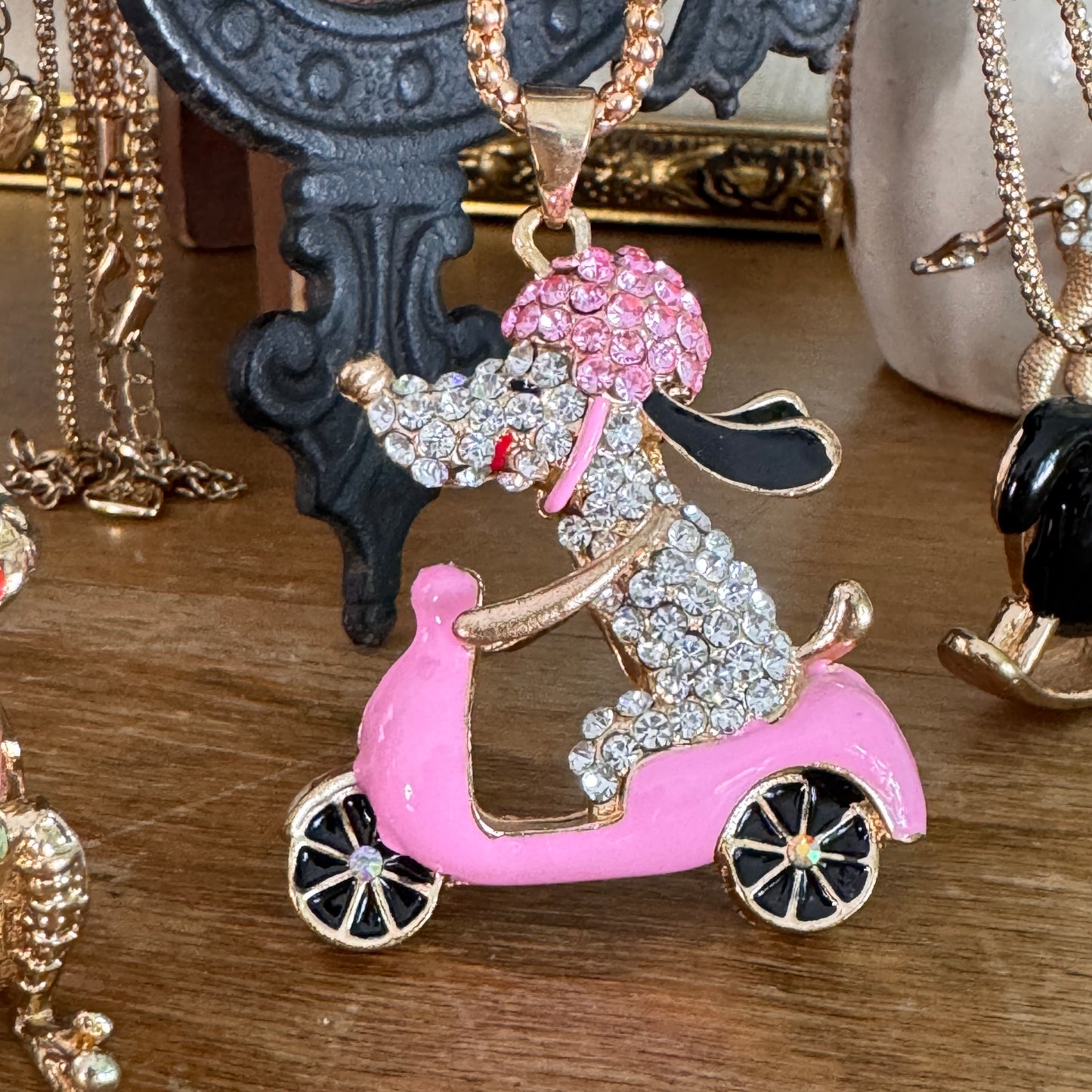 Betsey Johnson Pink Enamel, Pink and Clear Multi Faceted Rhinestone Dog & Scooter Necklace