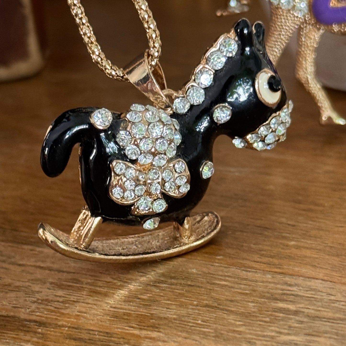 Betsey Johnson Black Enamel & Clear Multi Faceted Rhinestone Rocking Horse Necklace