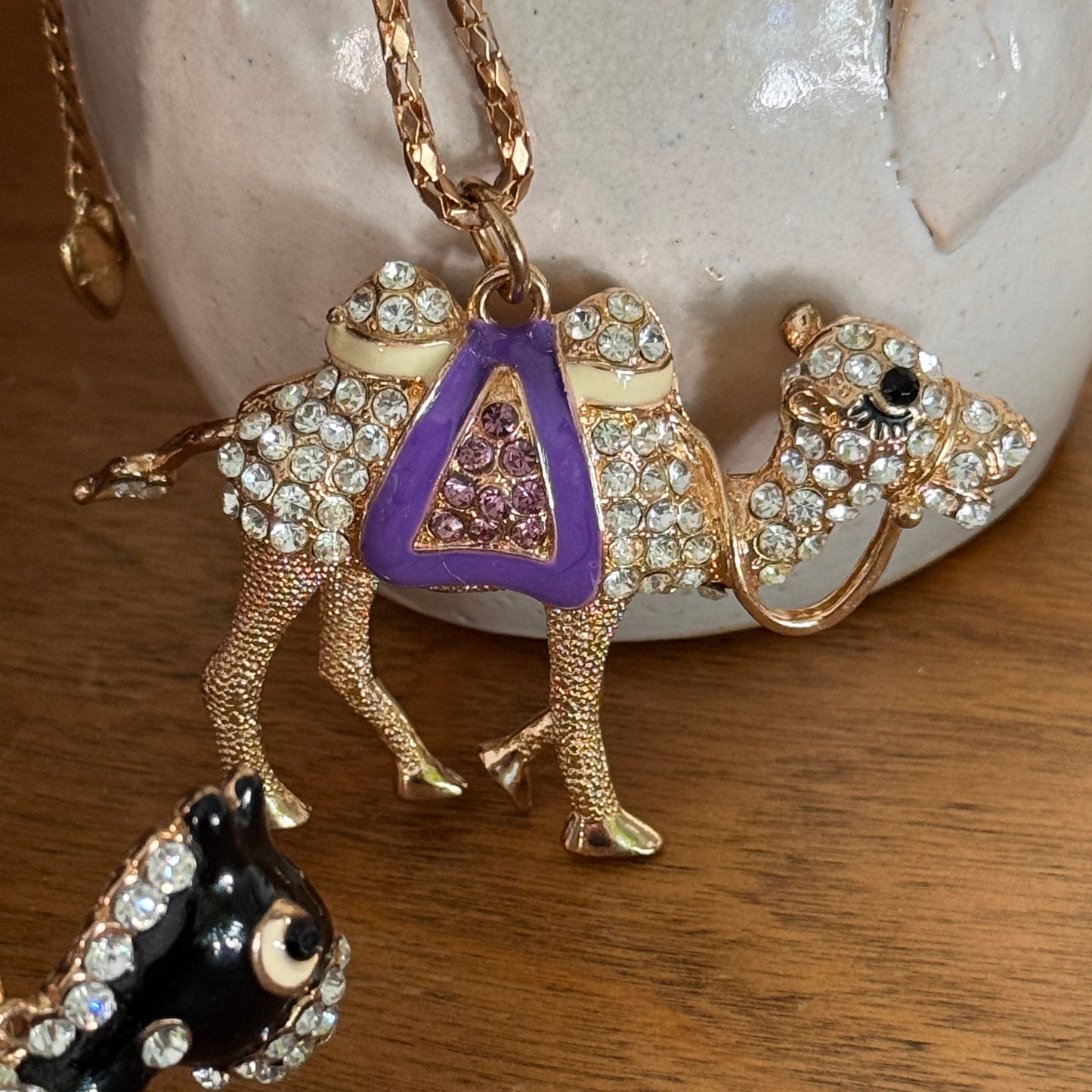 Betsey Johnson Purple Enamel, Purple and Clear Multi Faceted Rhinestone Camel Necklace