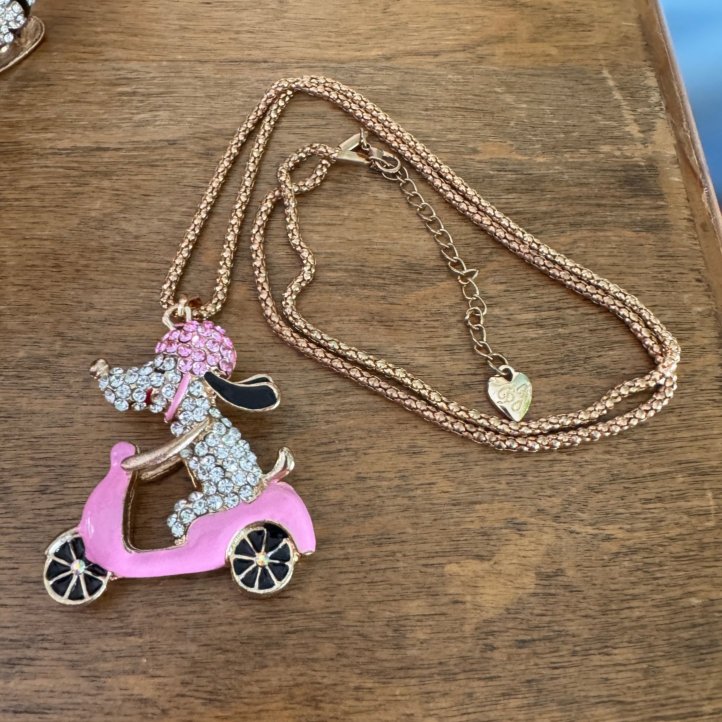 Betsey Johnson Pink Enamel, Pink and Clear Multi Faceted Rhinestone Dog & Scooter Necklace