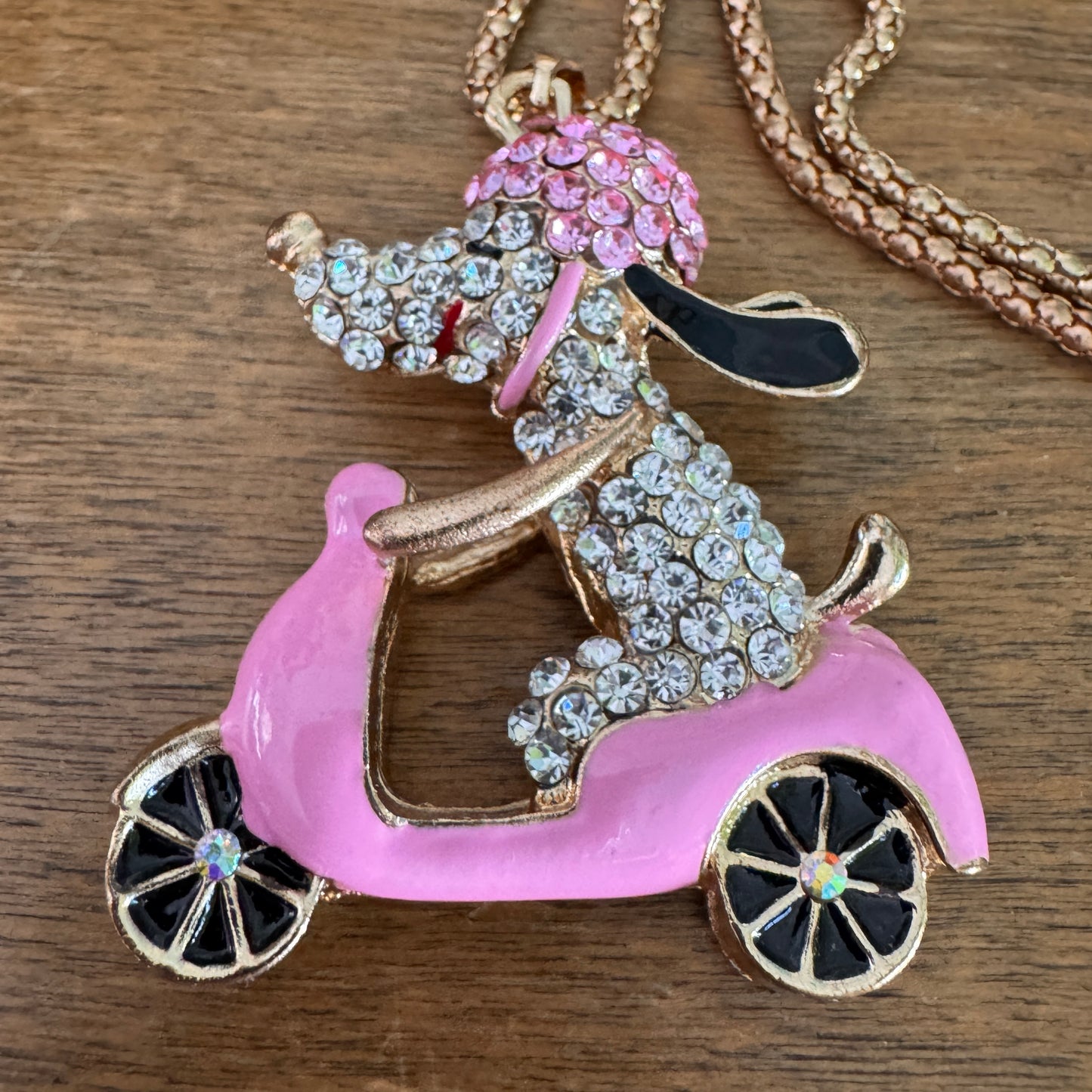 Betsey Johnson Pink Enamel, Pink and Clear Multi Faceted Rhinestone Dog & Scooter Necklace