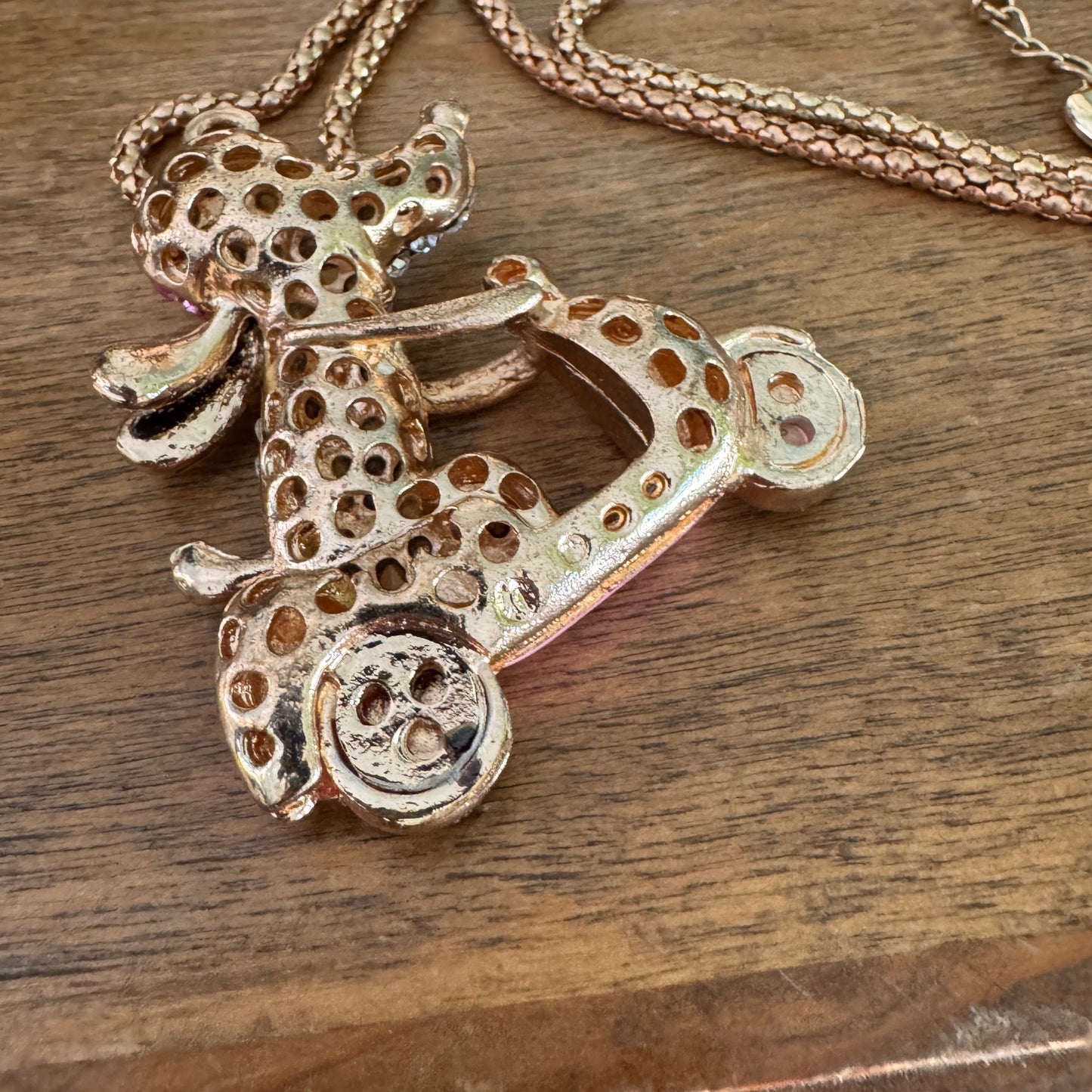Betsey Johnson Pink Enamel, Pink and Clear Multi Faceted Rhinestone Dog & Scooter Necklace