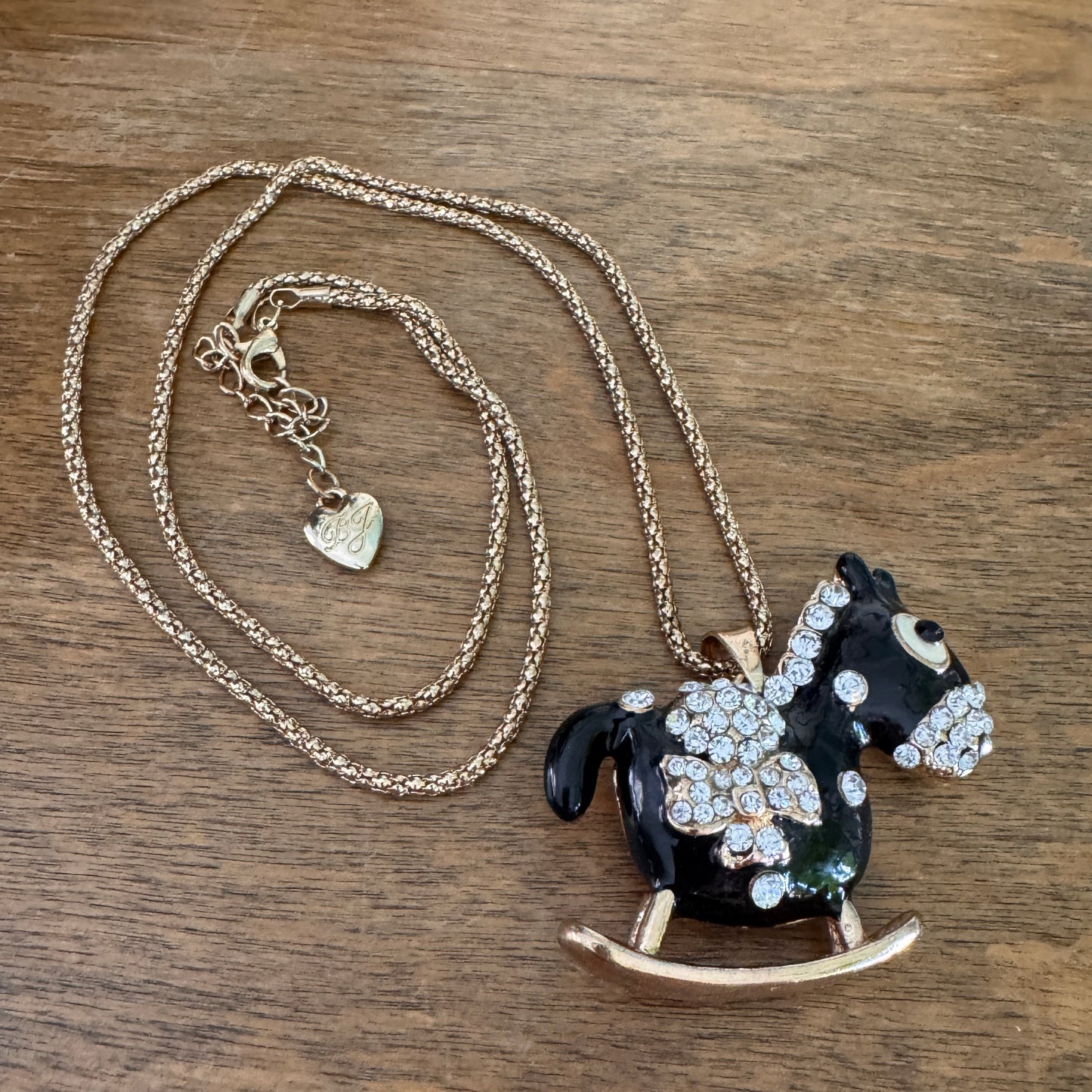 Betsey Johnson Black Enamel & Clear Multi Faceted Rhinestone Rocking Horse Necklace