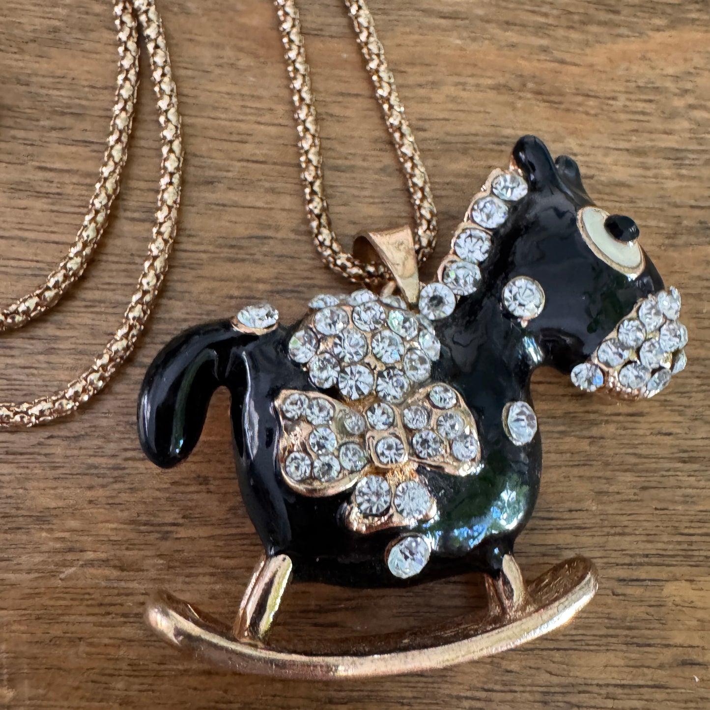 Betsey Johnson Black Enamel & Clear Multi Faceted Rhinestone Rocking Horse Necklace