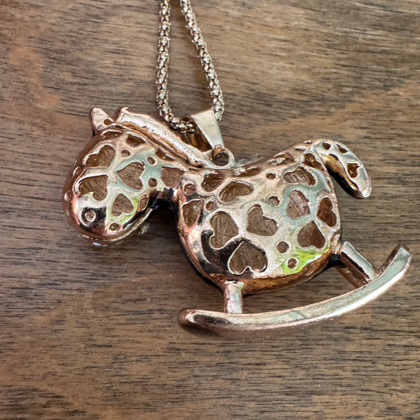 Betsey Johnson Black Enamel & Clear Multi Faceted Rhinestone Rocking Horse Necklace