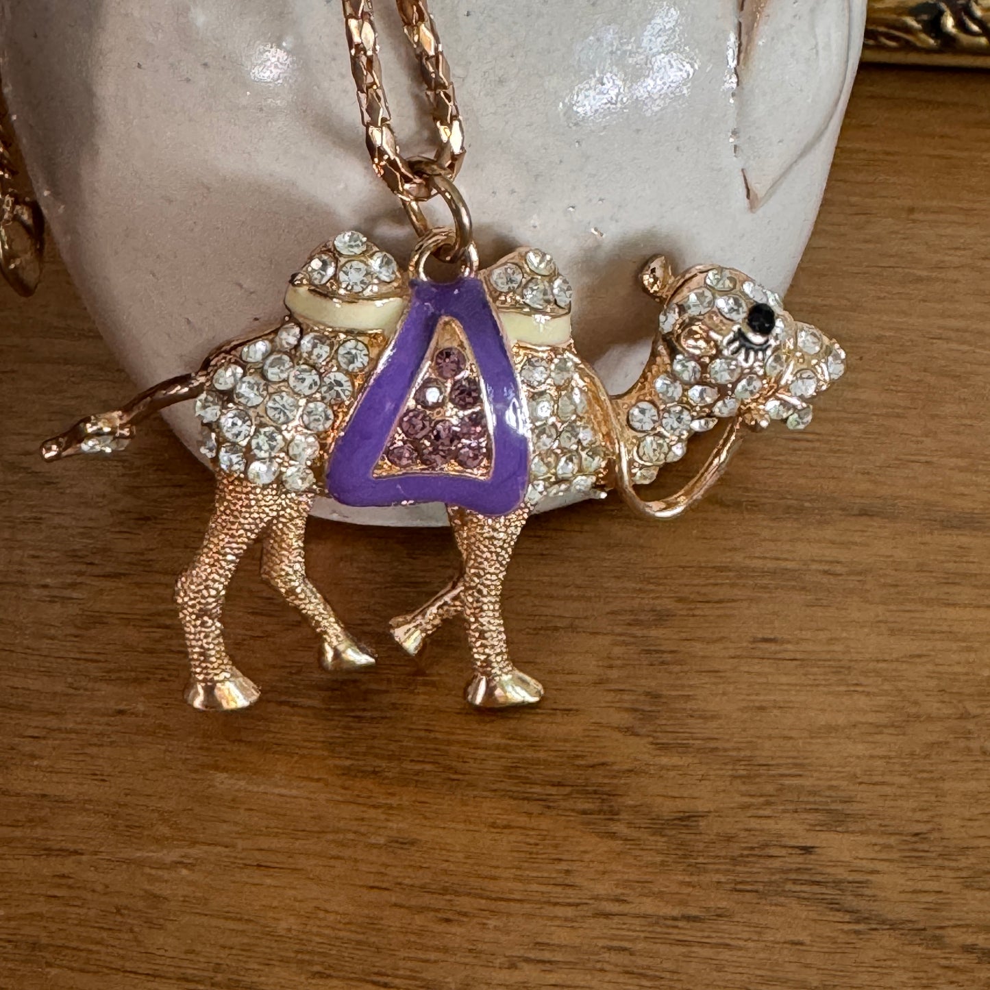 Betsey Johnson Purple Enamel, Purple and Clear Multi Faceted Rhinestone Camel Necklace