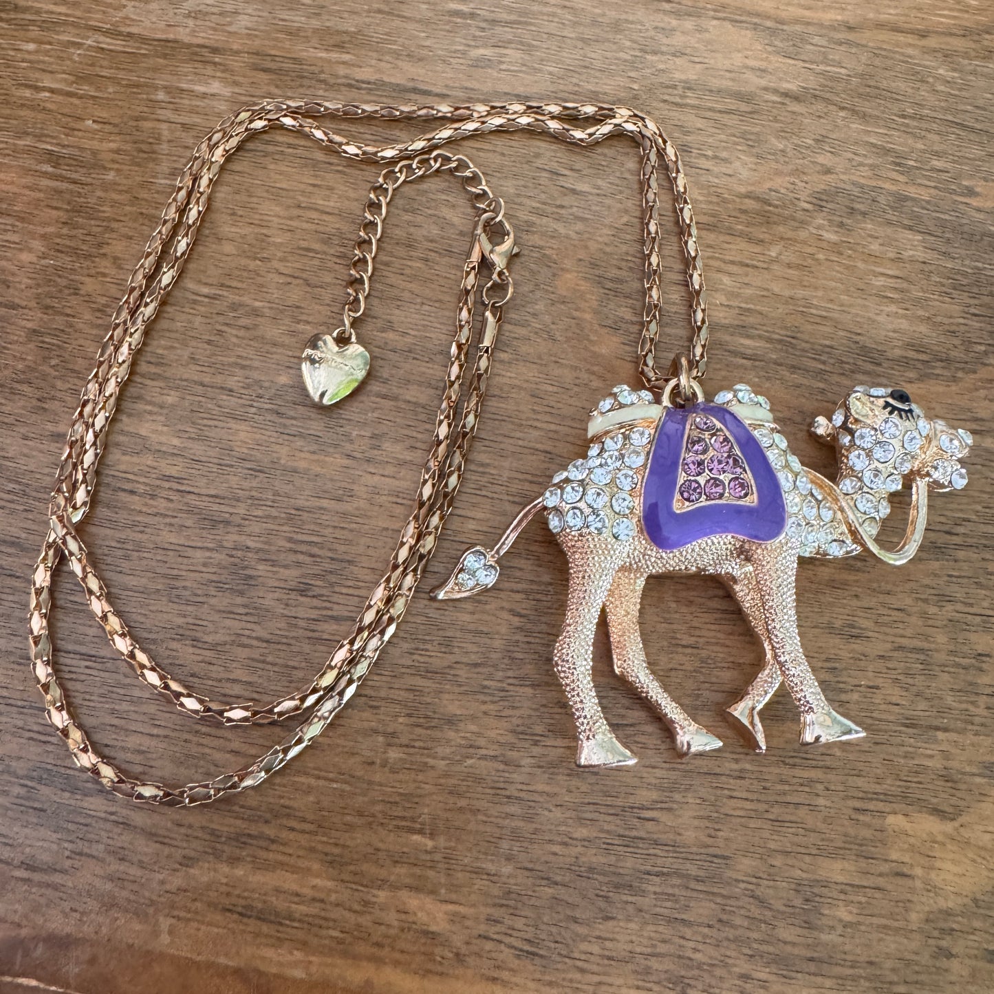 Betsey Johnson Purple Enamel, Purple and Clear Multi Faceted Rhinestone Camel Necklace