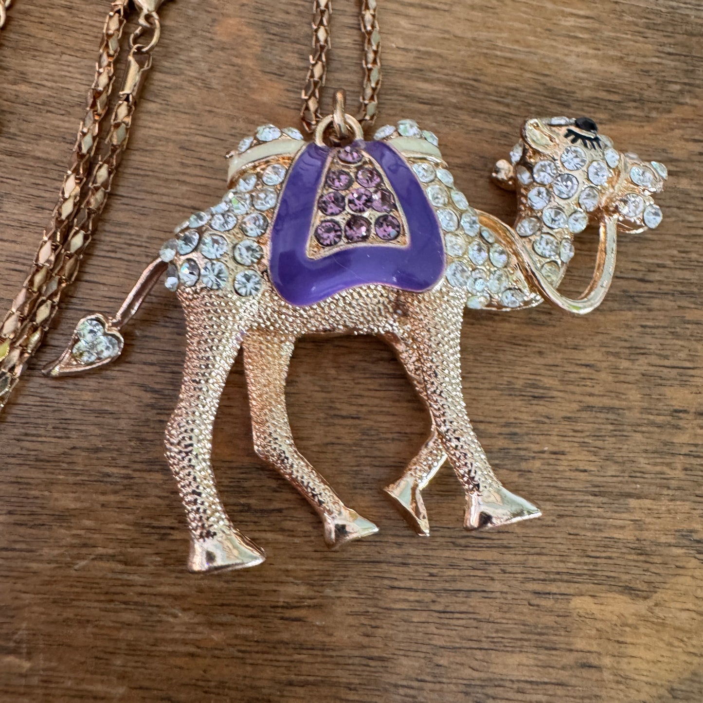 Betsey Johnson Purple Enamel, Purple and Clear Multi Faceted Rhinestone Camel Necklace