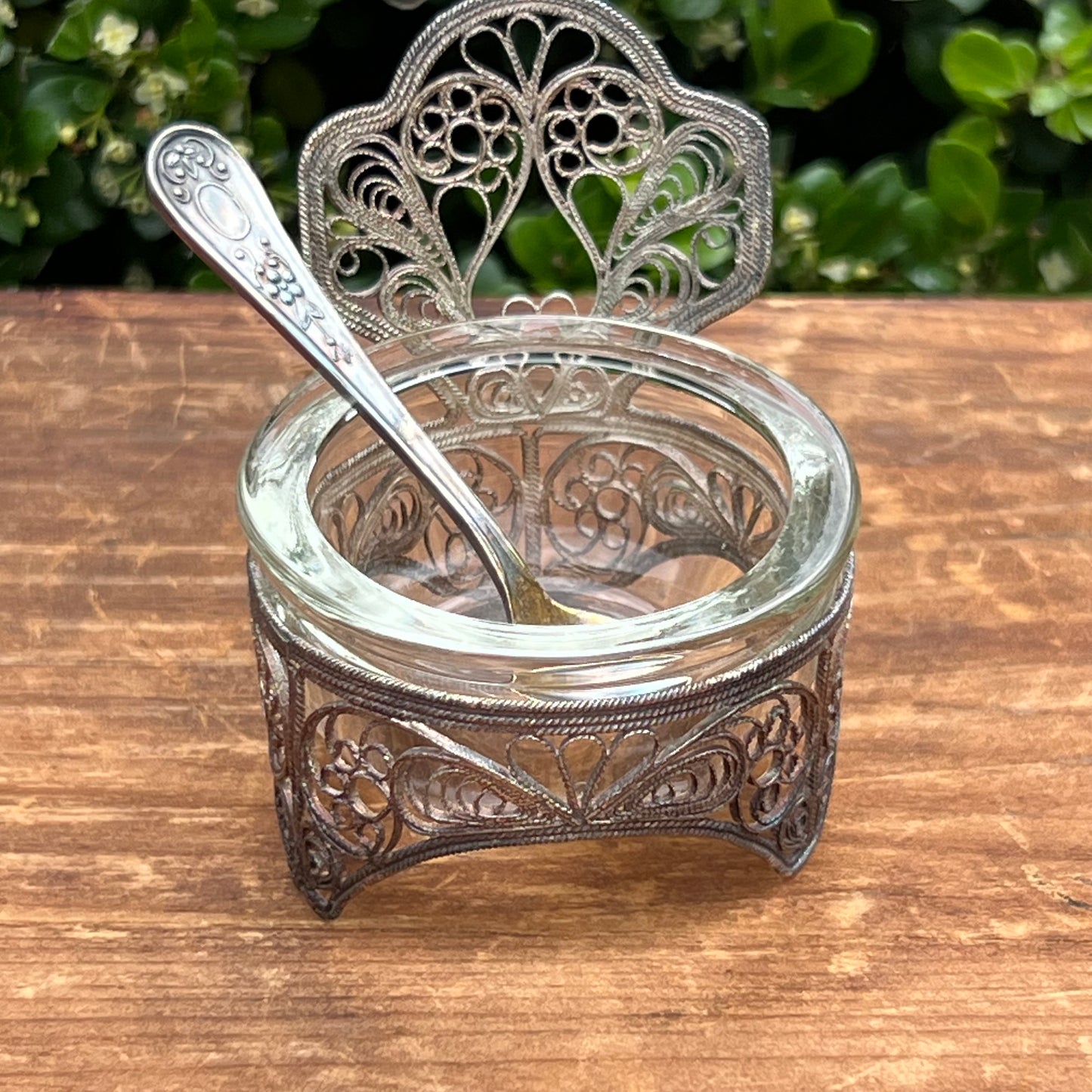 Vintage Russian Chair Shaped Filigree Open Salt & Spoon