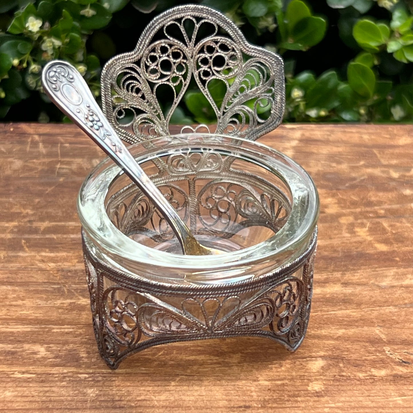Vintage Russian Chair Shaped Filigree Open Salt & Spoon