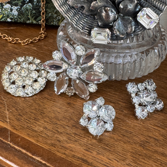 Four Vintage Clear Multi Faceted Rhinestone Buttons