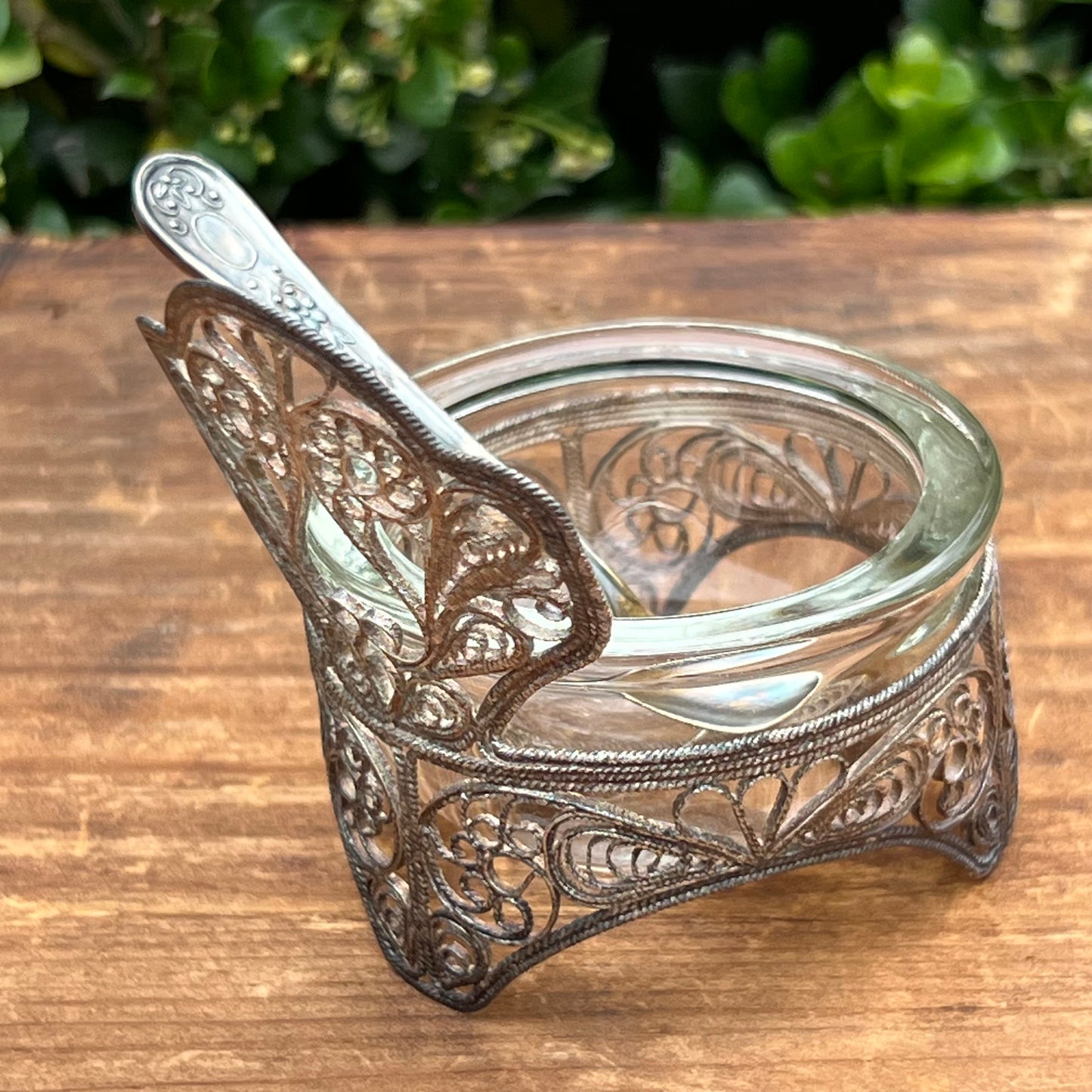 Vintage Russian Chair Shaped Filigree Open Salt & Spoon