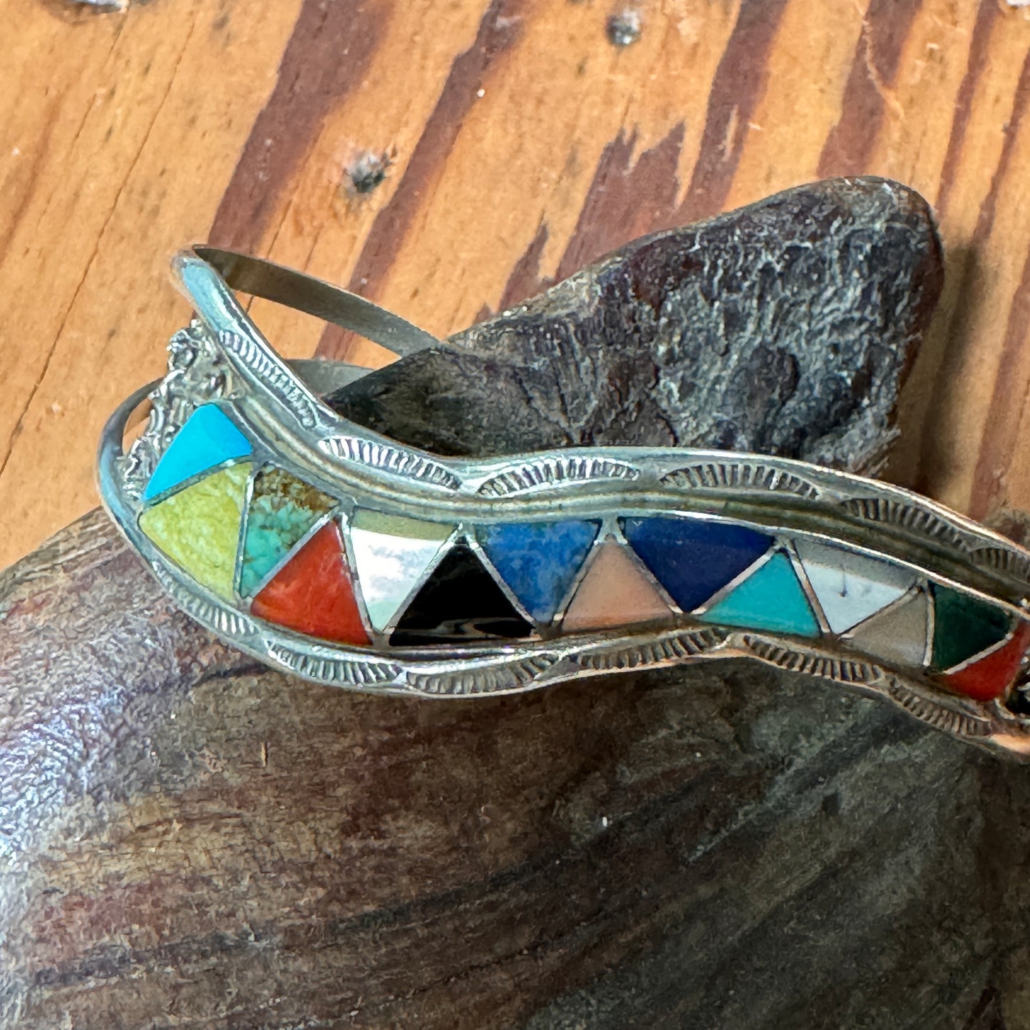 Vintage Zuni Sterling Inlaid Cuff Bracelet Signed ECS
