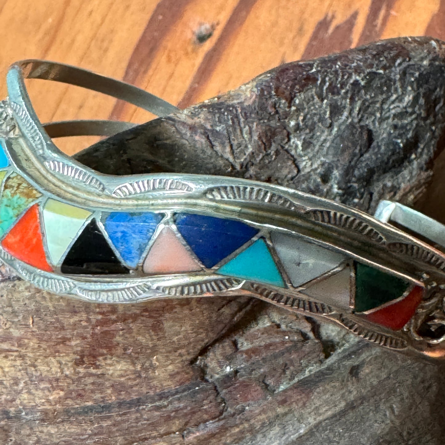Vintage Zuni Sterling Inlaid Cuff Bracelet Signed ECS