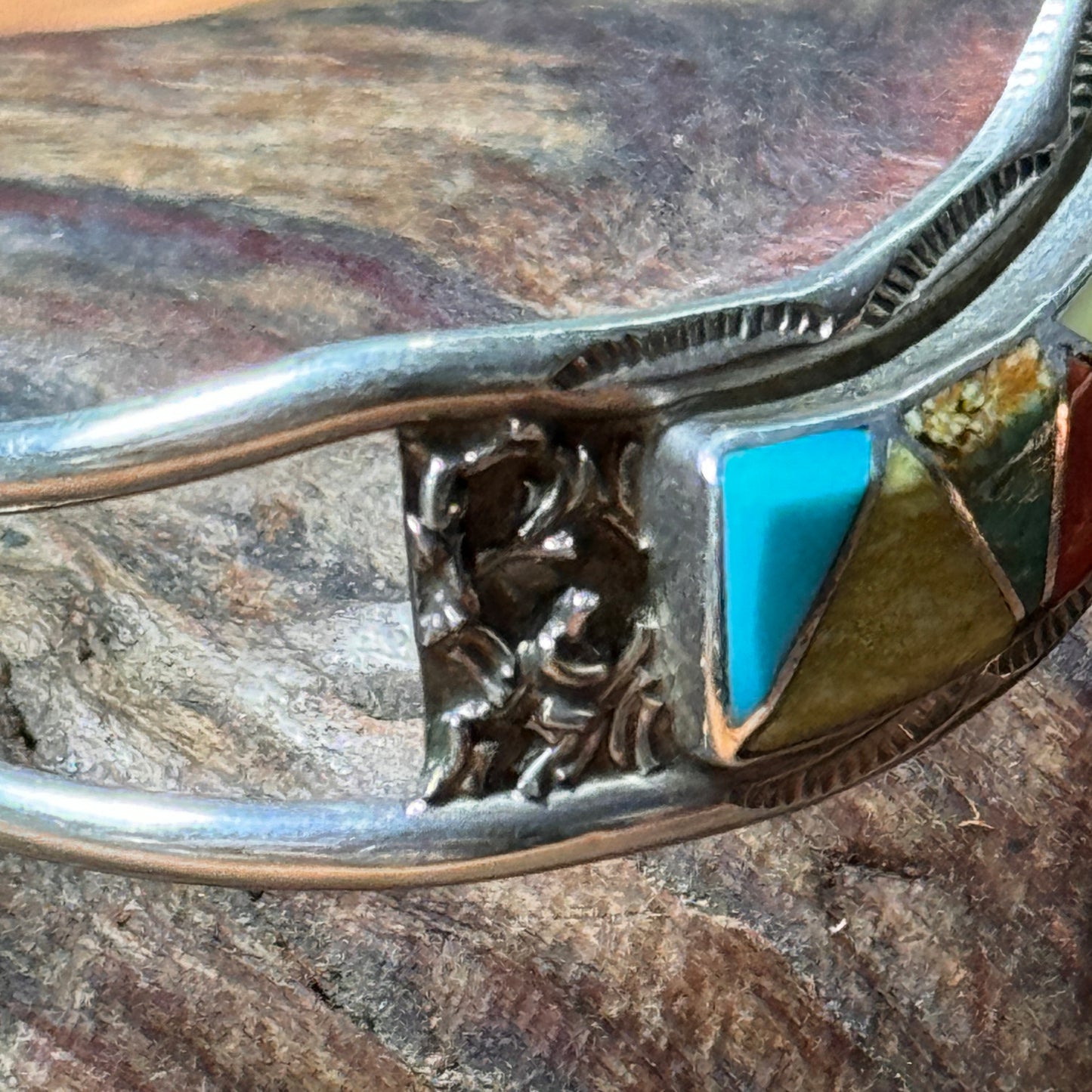 Vintage Zuni Sterling Inlaid Cuff Bracelet Signed ECS