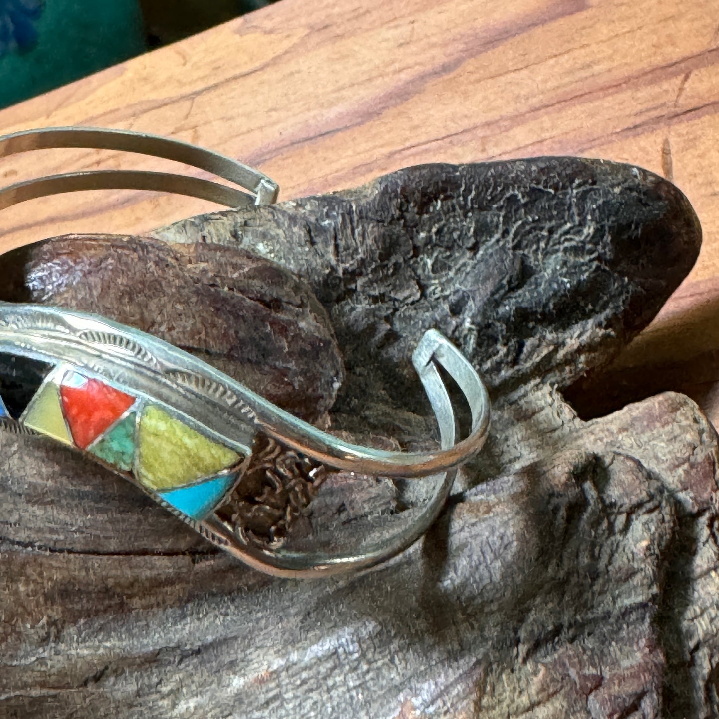 Vintage Zuni Sterling Inlaid Cuff Bracelet Signed ECS