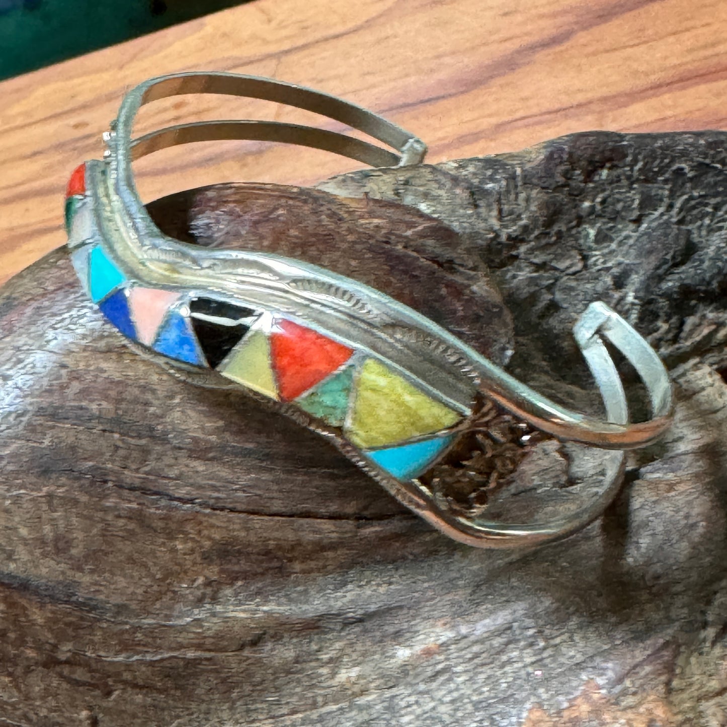 Vintage Zuni Sterling Inlaid Cuff Bracelet Signed ECS