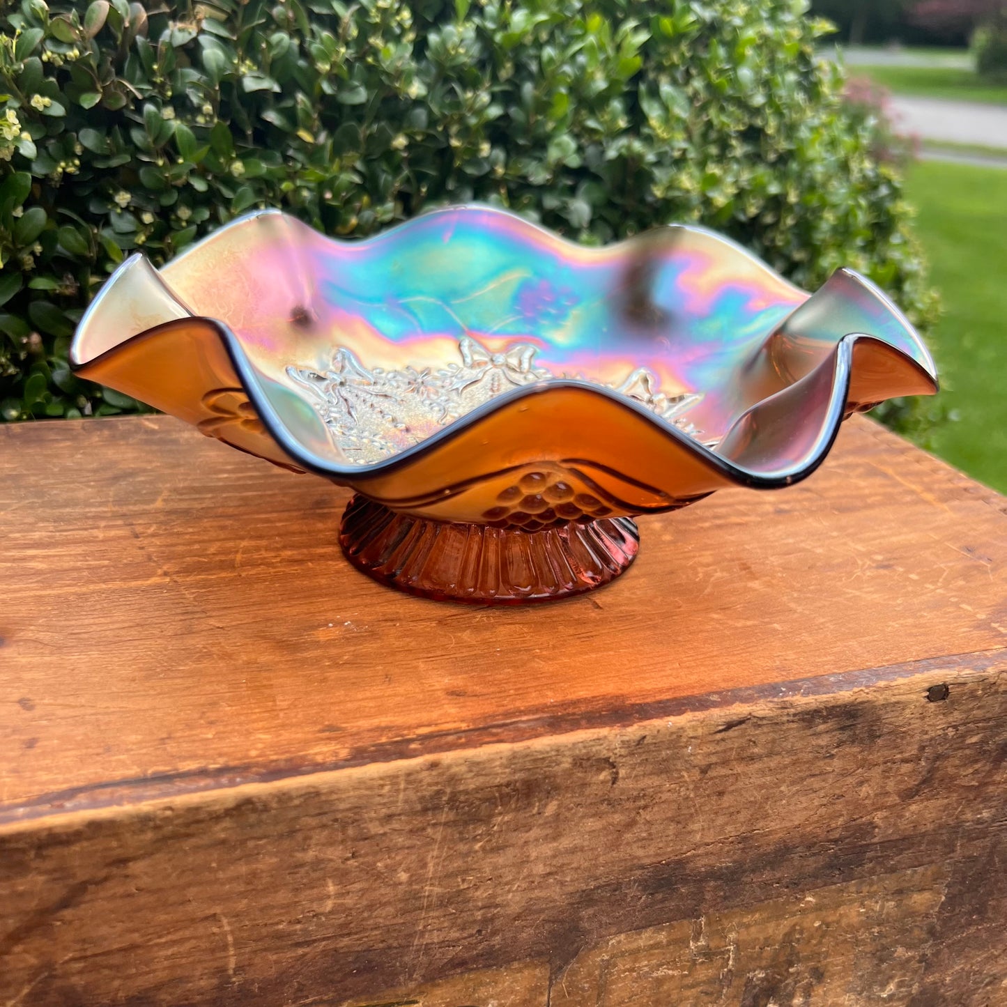 Antique Northwood Amethyst Star of David & Bows Carnival Glass Bowl
