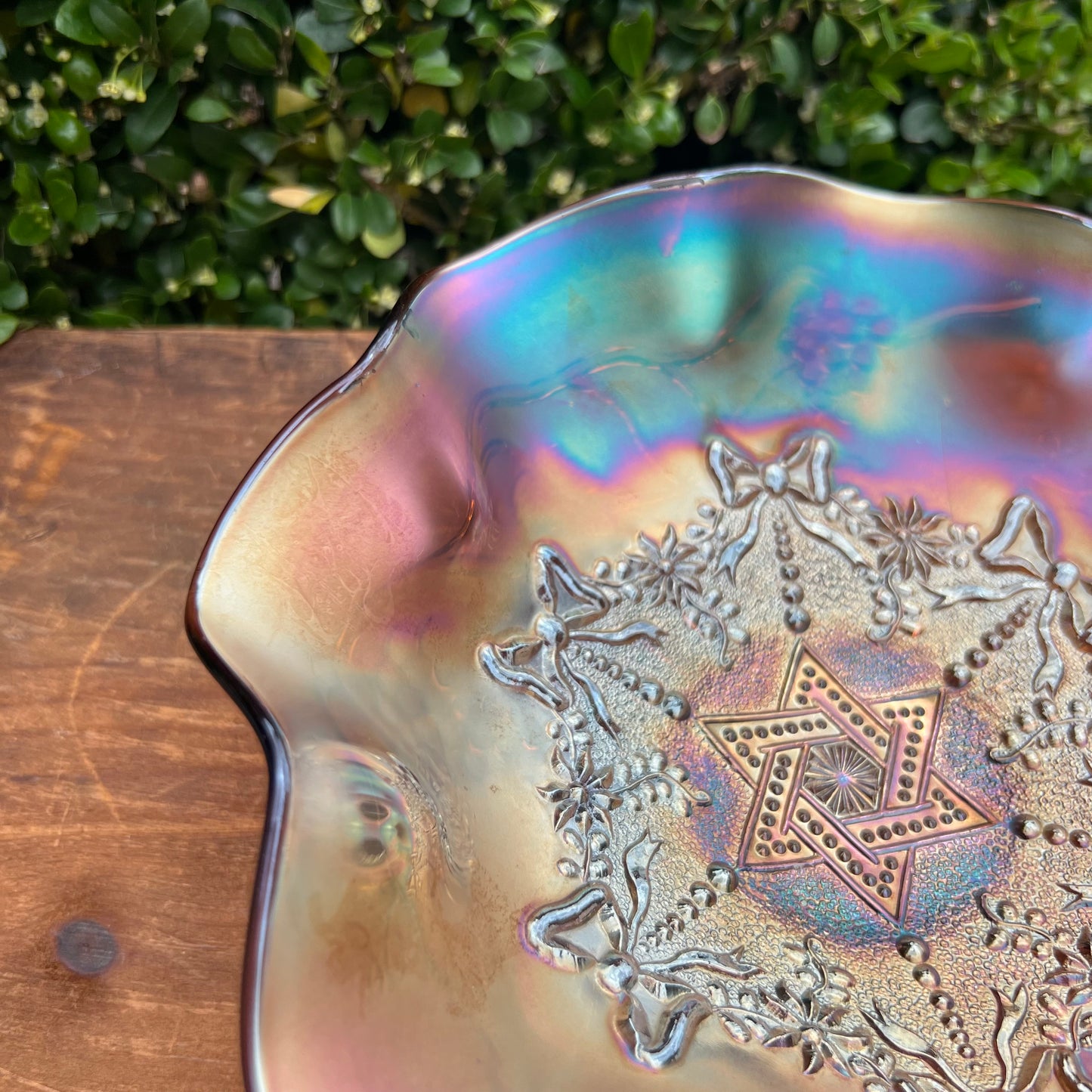Antique Northwood Amethyst Star of David & Bows Carnival Glass Bowl