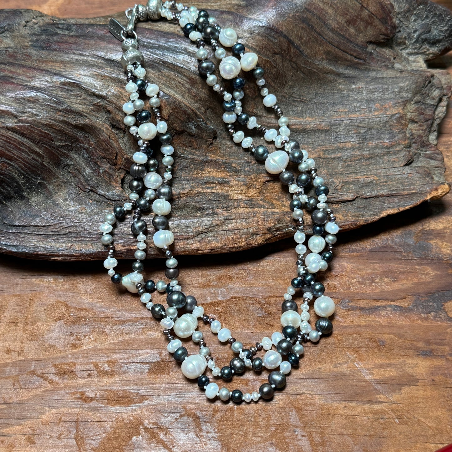Vintage NAAN Sterling Silver Triple Strand Freshwater Pearl Necklace