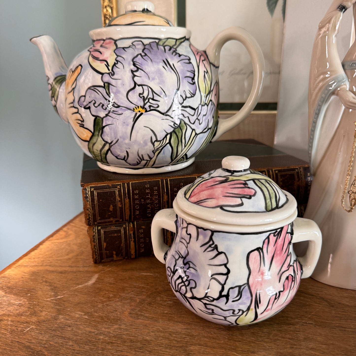 Handpainted Contemporary Bearded Iris Floral Teapot and Covered Sugar Artist Signed